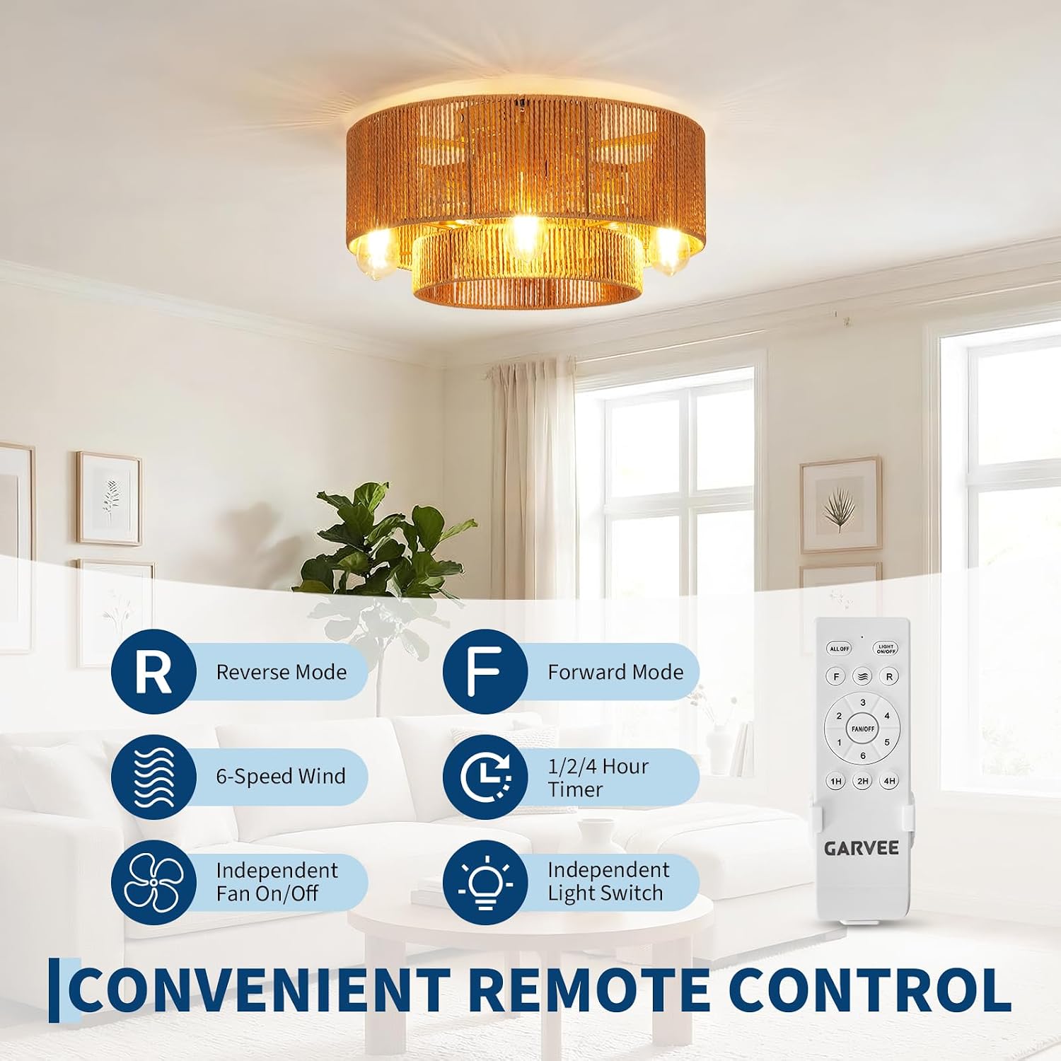 Garvee 20'' Rattan Boho Ceiling Fan with Light Flush Mount, Layered Caged Ceiling Fans with Lights and Remote, 6 Speeds Reversible, E26 Base, for Living Room Bedroom Kitchen