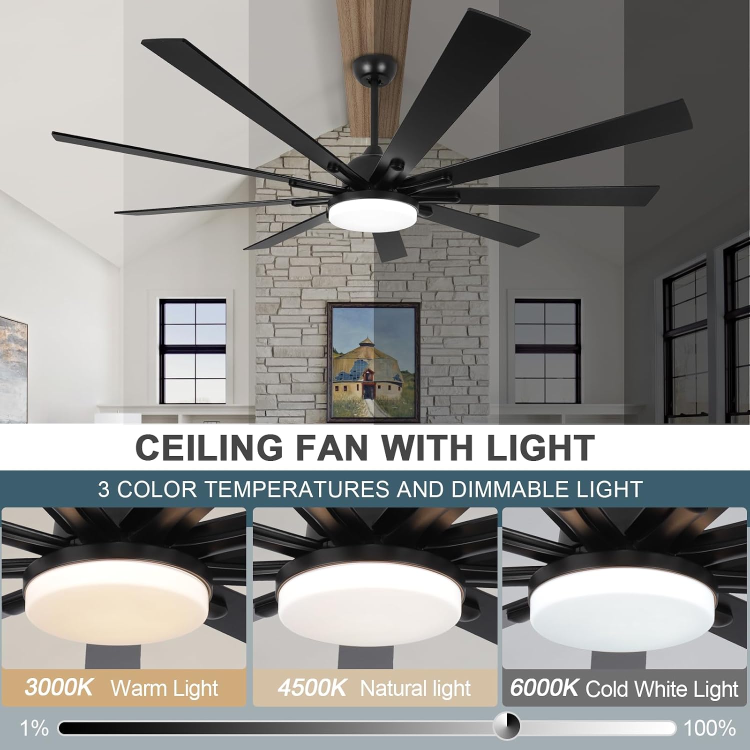 72 Inch Large Outdoor Ceiling Fan, Black Ceiling Fans with Lights and Remote, 9 Fan Blades, Dimmable, Reversible, 6-Speeds, 3-Colors Temperature, for Living Room/Office/Patio