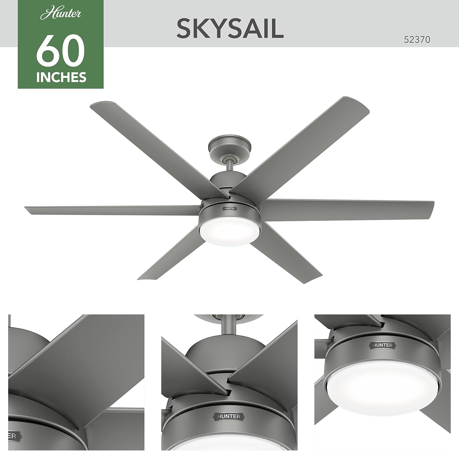 Hunter 60 inch Outdoor or Indoor Ceiling Fan with LED Light - White Ceiling Fan with Wall Control, For Patio, Garage, or Porch, Quiet, Standard Mount, 6 Blades - Skysail 52370, Fresh White