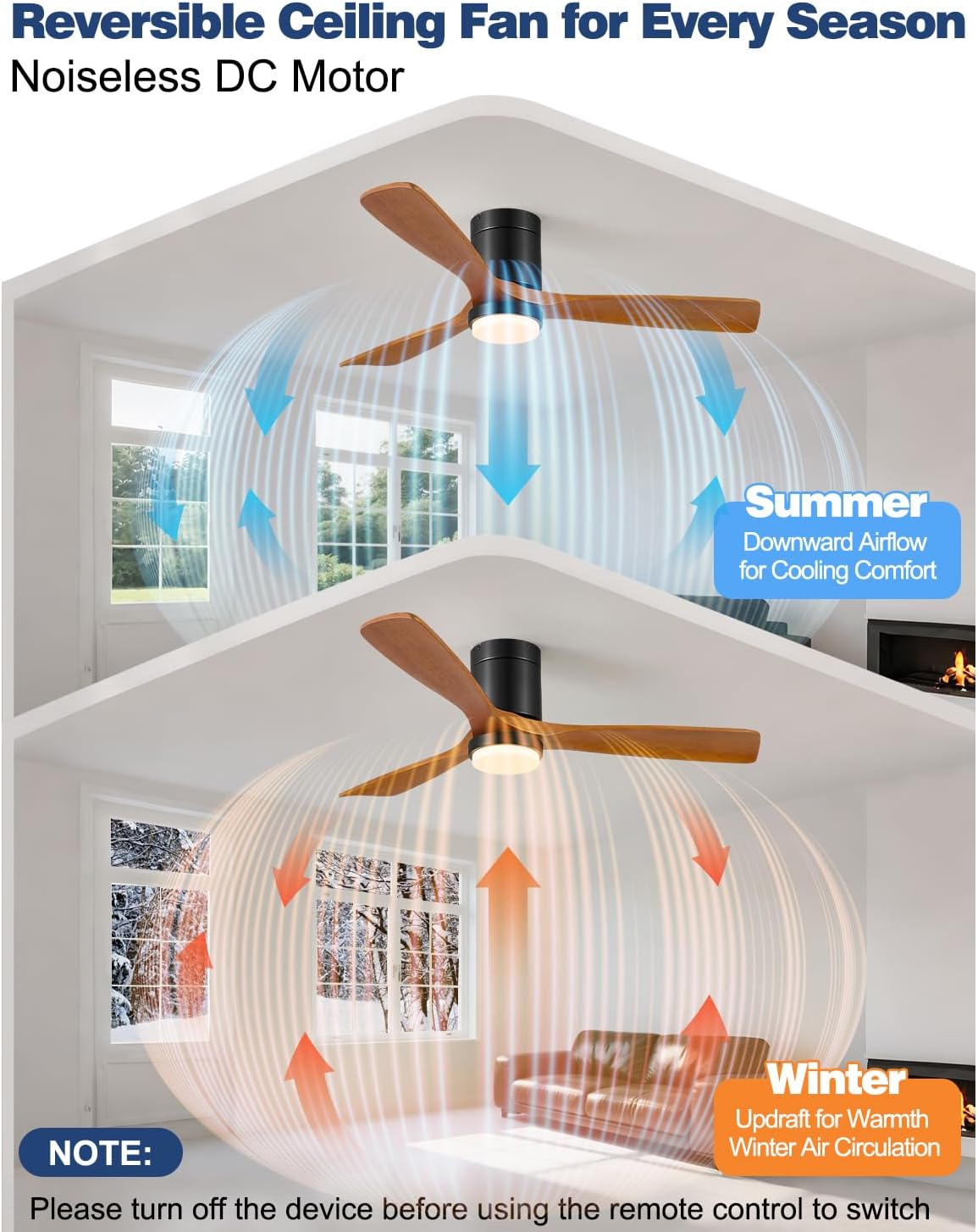 60 Inch Ceiling Fans with Lights Remote, 60' Flush Mount Outdoor Ceiling Fan Exterior, 3 Wood Blades, 6 Speeds, Timer, Quiet DC Motor Modern Low Profile Fan for Patio, 60in,Brown and Black