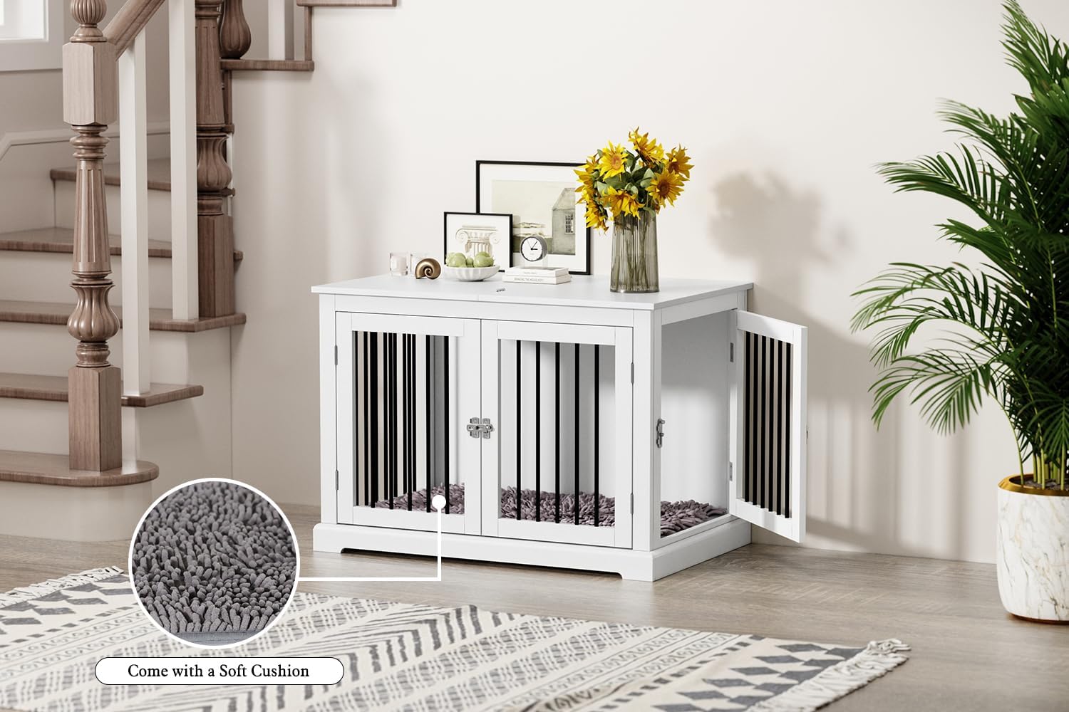 PUPETPO Furniture Style Dog Crate with Cushion, Dog Kennel Medium, Pet Crates, Dog Cage for Small and Medium Dogs, Decorative Dog Kennel with Flip-top Plate, Chew-Proof Metal Bars, White