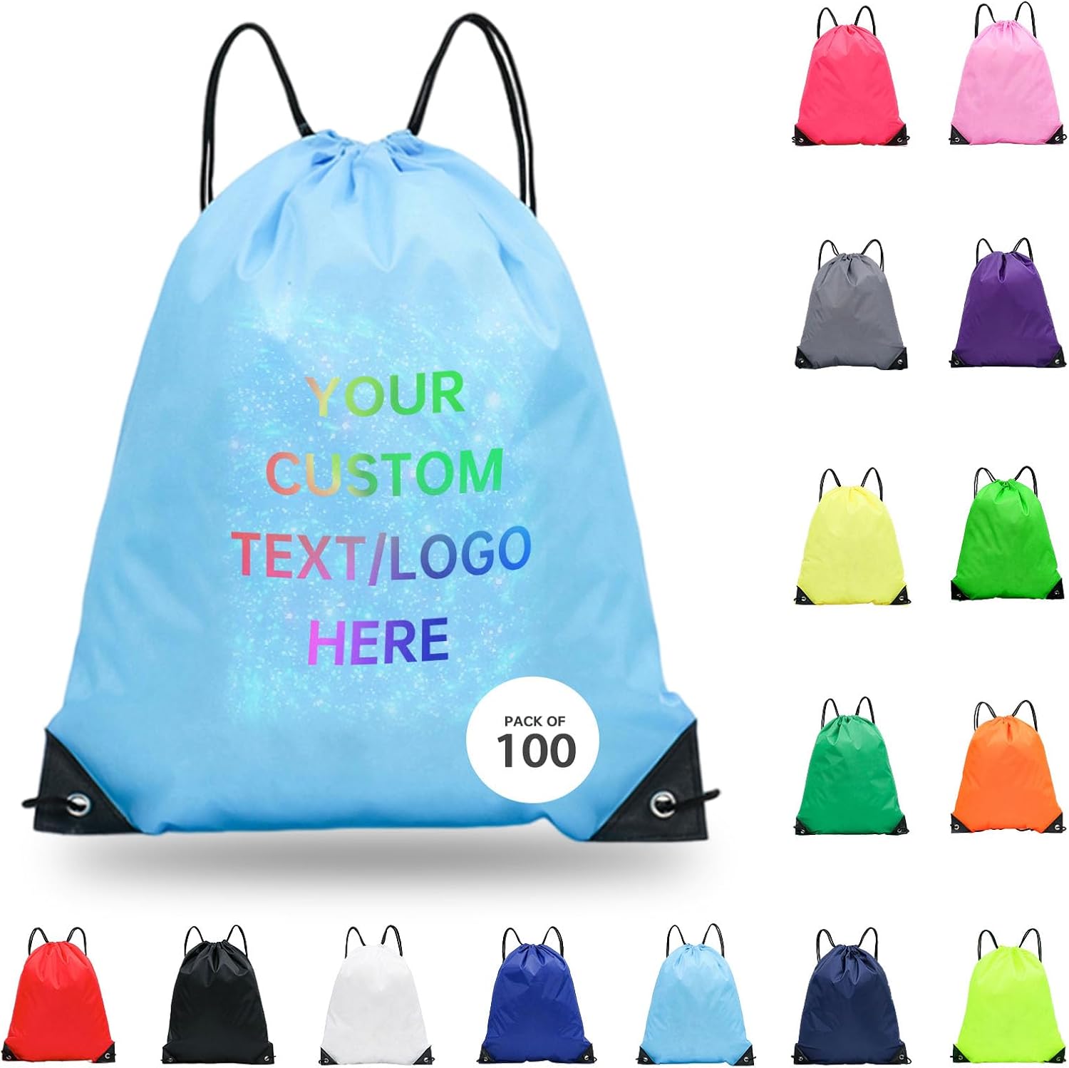 JEOHLORY pack of 100 Custom Bags With Your Logo,customized backpack,promotional items,Drawstring Backpacks,Great for Everyday Use (Custom Sky Blue)