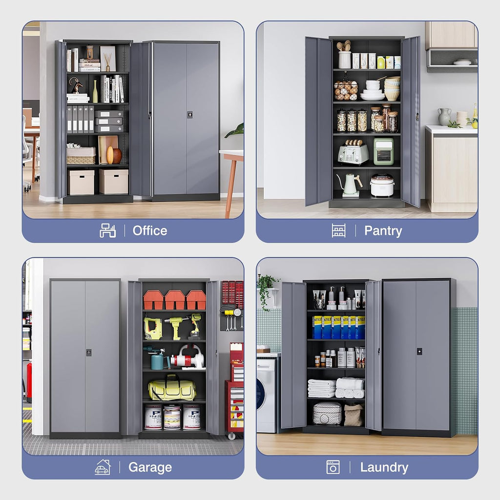 72 Inch Metal Cabinet,Locking Storage Cabinet with 2 Doors and 4 Adjustbale Shelves,Steel Tool Cabinet for Garage,Basement,Home Office,Gym(Grey& Black)