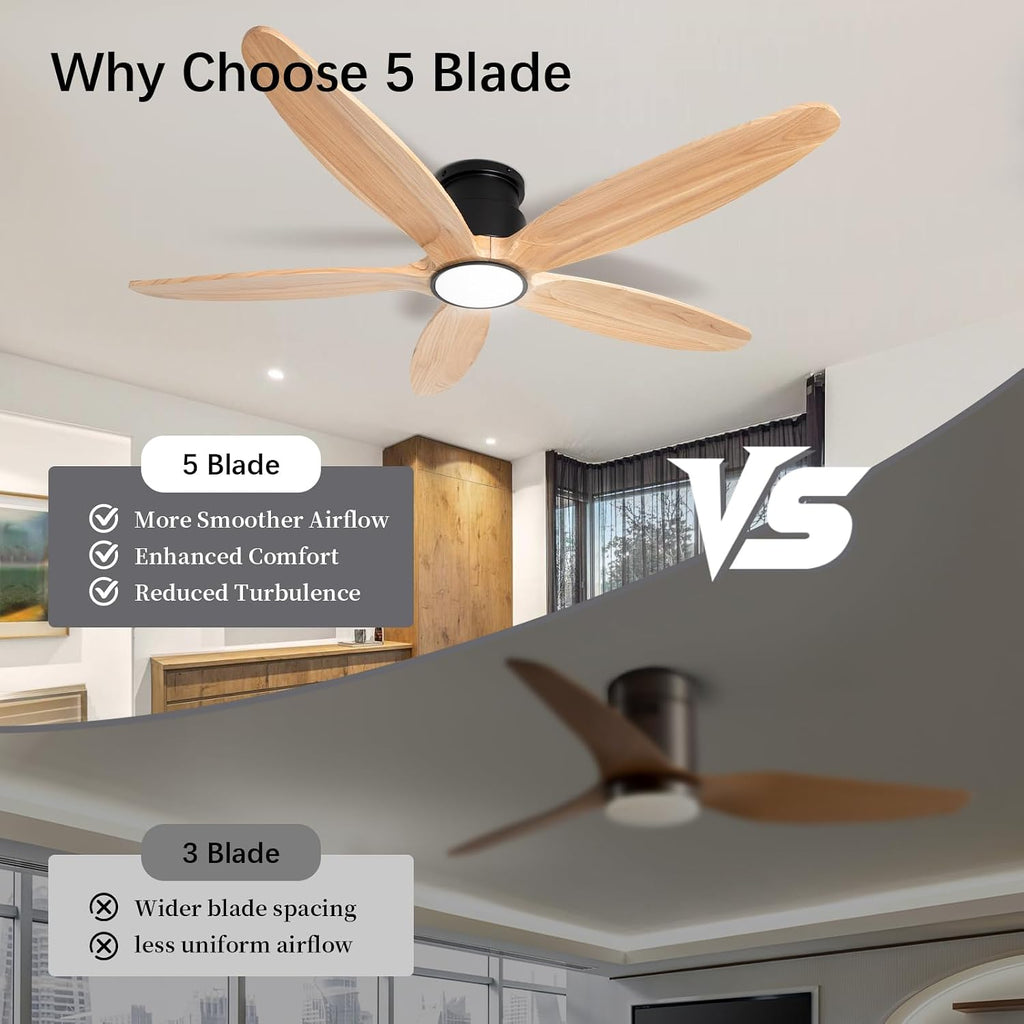 Wood Ceiling Fan with Lights, 52Inch Flush Mount Ceiling Fan with Remote Control, 5 Blades, DC Motor,3CCT,Natural Wooden Ceiling Fans for Bedroom, Living Room, Home Office,Indoor