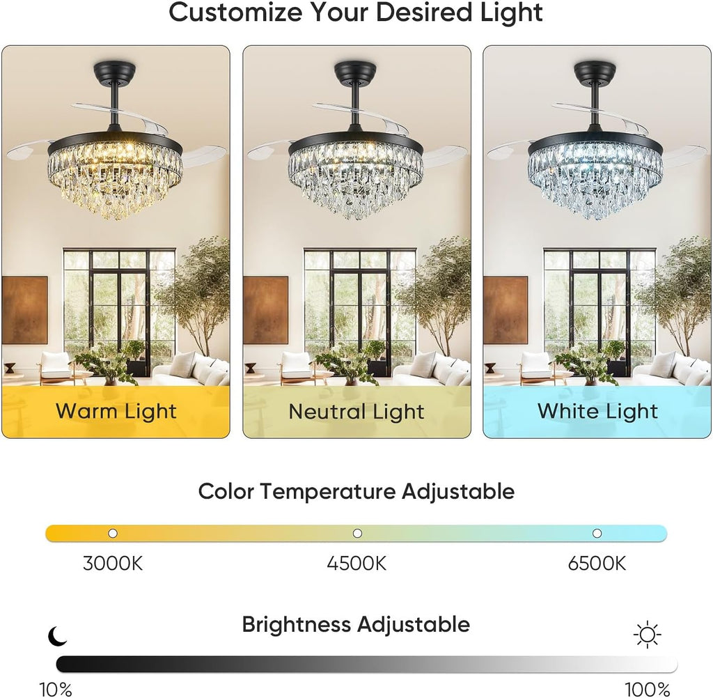 42'' Chandelier Ceiling Fan with Lights, Retractable Fan with Remote and APP, Crystal Fandelier Ceiling Fan, Dimmable LED, Reversible Motor, Quiet for Bedroom Living Room-Black
