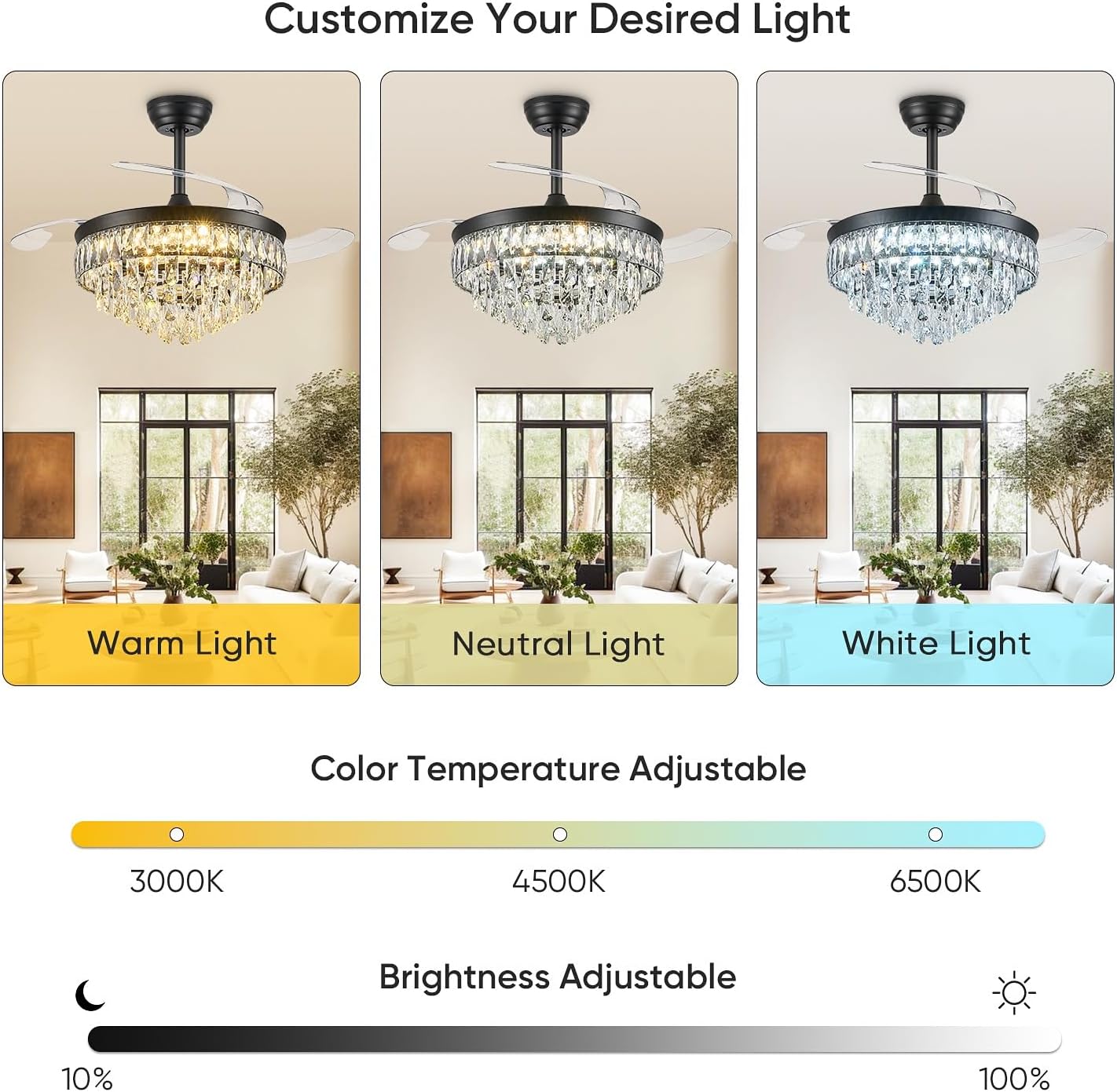 42'' Chandelier Ceiling Fan with Lights, Retractable Fan with Remote and APP, Crystal Fandelier Ceiling Fan, Dimmable LED, Reversible Motor, Quiet for Bedroom Living Room-Black