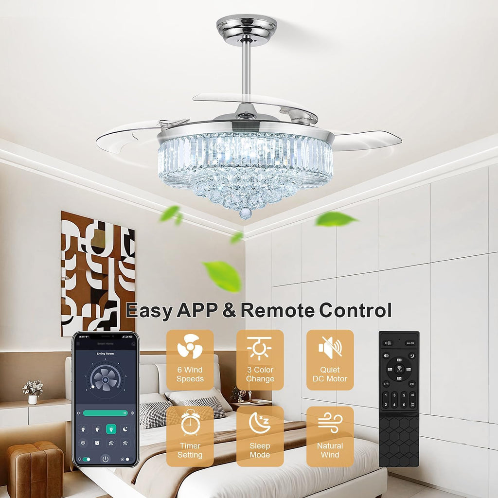 52 Inch Fandelier Ceiling Fan with Light, Retractable Chandelier Fan LED Dimmable Crystal Ceiling Fan for Bedroom Living Room Dining Room-Chrome