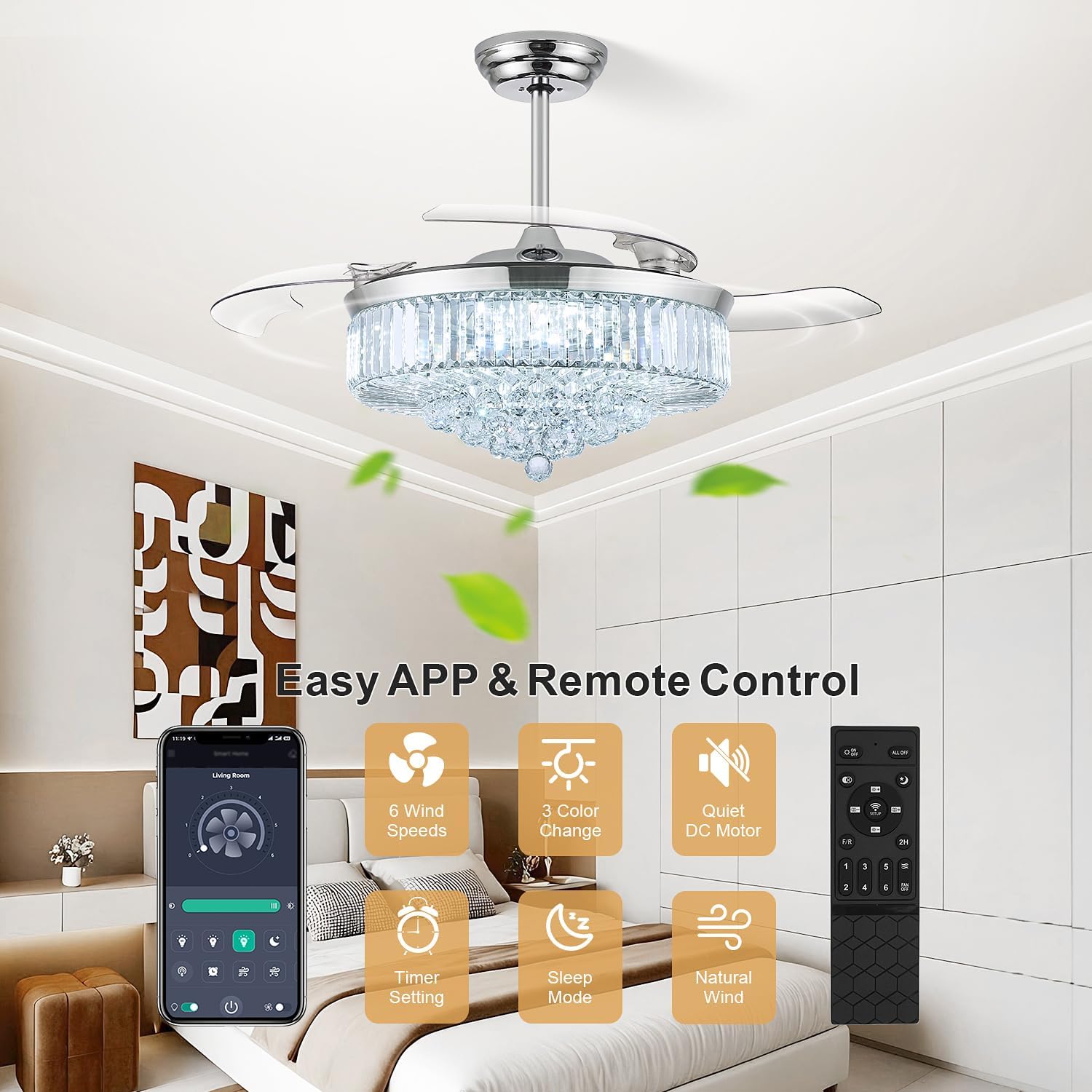 52 Inch Fandelier Ceiling Fan with Light, Retractable Chandelier Fan LED Dimmable Crystal Ceiling Fan for Bedroom Living Room Dining Room-Chrome