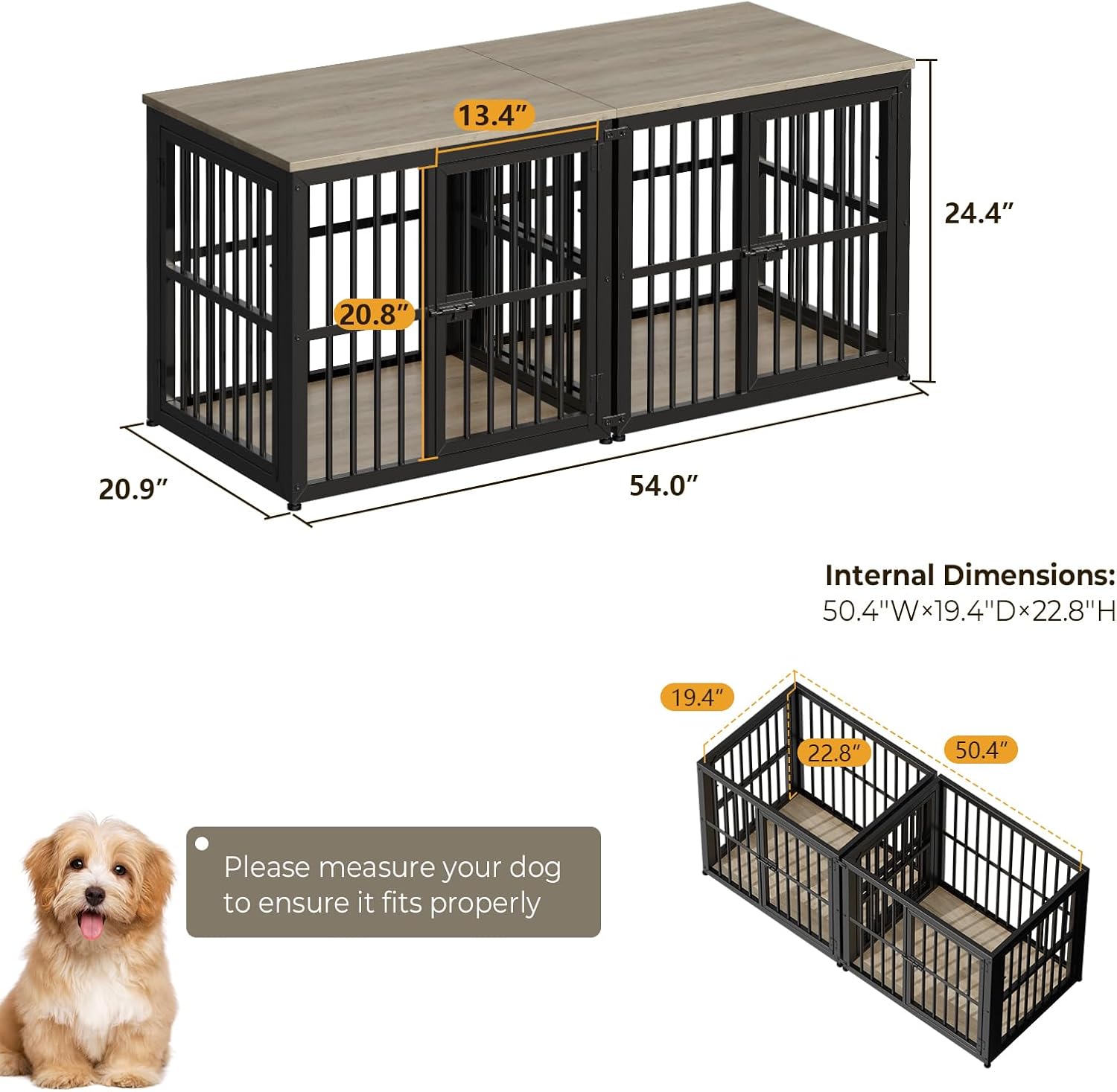 Lyromix 54'' Dog Crate Furniture with Double Rooms,Wooden Crate End Table Heavy Duty Indoor Puppy Cage for 2 Small Dogs, Multiple Units Can be Combined, Grey