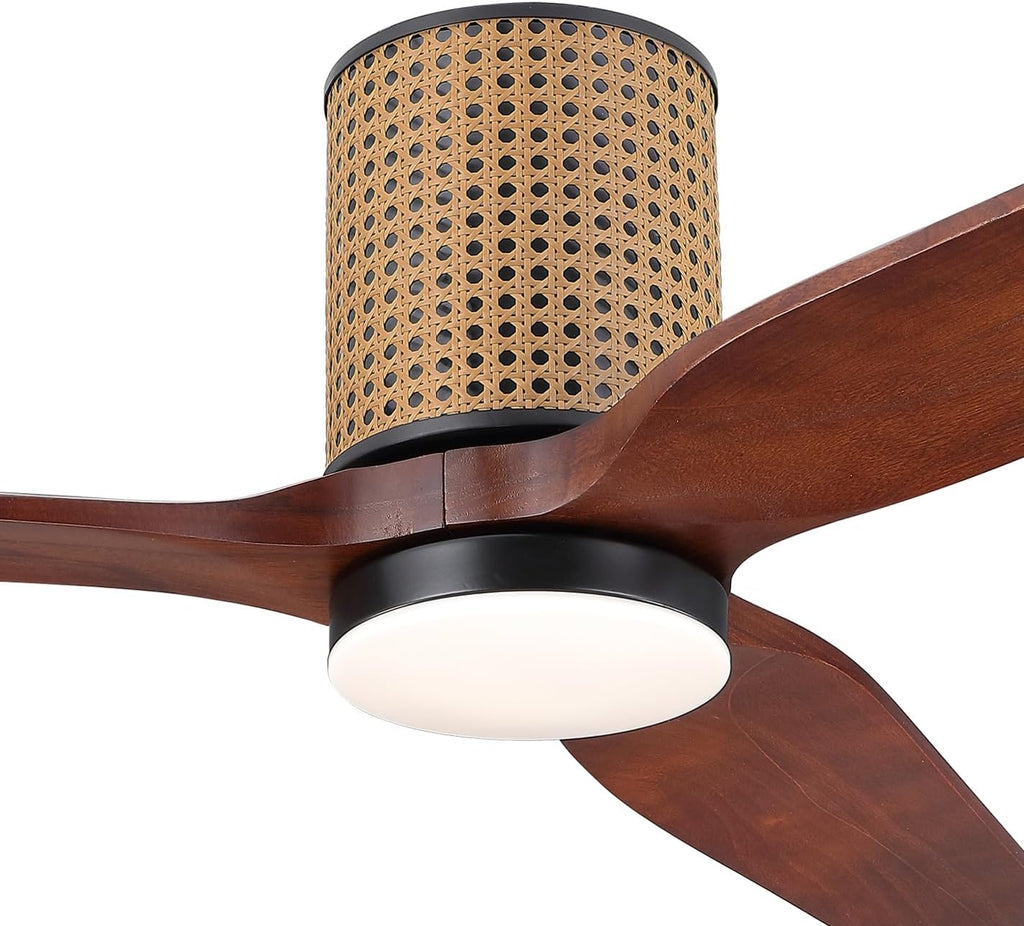 LEDLUX 52' Ceiling Fan with Light - Low Profile Flush Mount Ceiling Fan, 6-Speed Remote Control, Solid Wood, Quiet Reversible DC Motor,Walnut/Black Finish, for Bedroom, Living Room, Porch