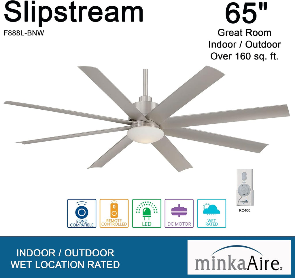 MINKA-AIRE F888L-BNW Slipstream 65 Inch Outdoor Ceiling Fan with Dimmable LED Light and DC Motor in Brushed Nickel Wet Finish