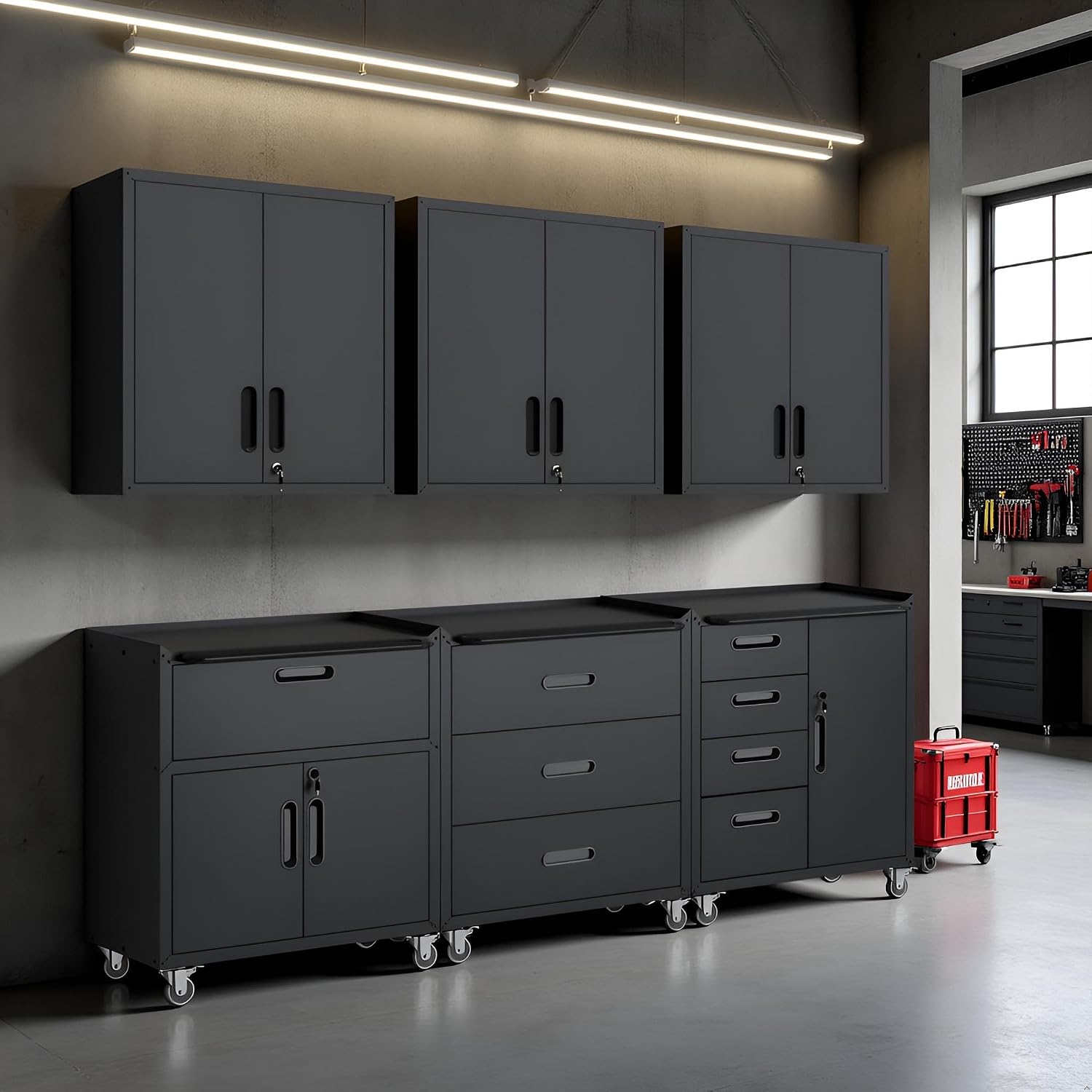 Garage Storage Cabinet System 6pcs Heavy Duty Workshop Set Wall Cabinet Lockable Rolling Tool Cabinets with Adjustable Shelves Metal Garage Storage Cabinets
