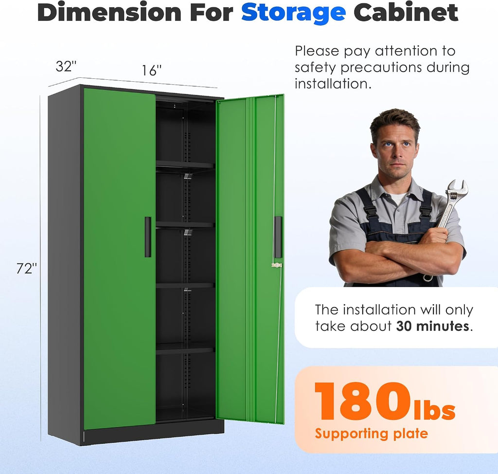 INTERGREAT Storage Cabinet with Doors and Shelves, Metal Garage Storage Cabinets with Lock, Black Lockable Steel Supply Cabinet for Home Office, Warehouse (Black Green)