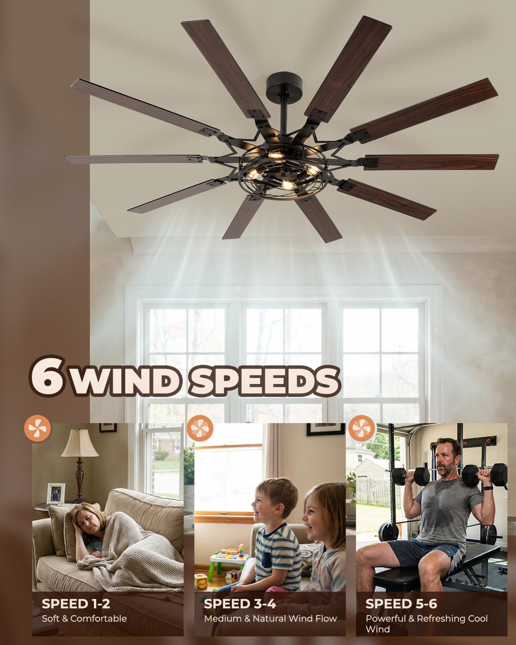 65 Inch Ceiling Fans with Lights, Farmhouse Ceiling Fan with Remote Rustic Caged Industrial Design, Dual Finish 10 Blades Black Ceiling Fans with Quiet Reversible Motor for Living Room Bedroom Patio