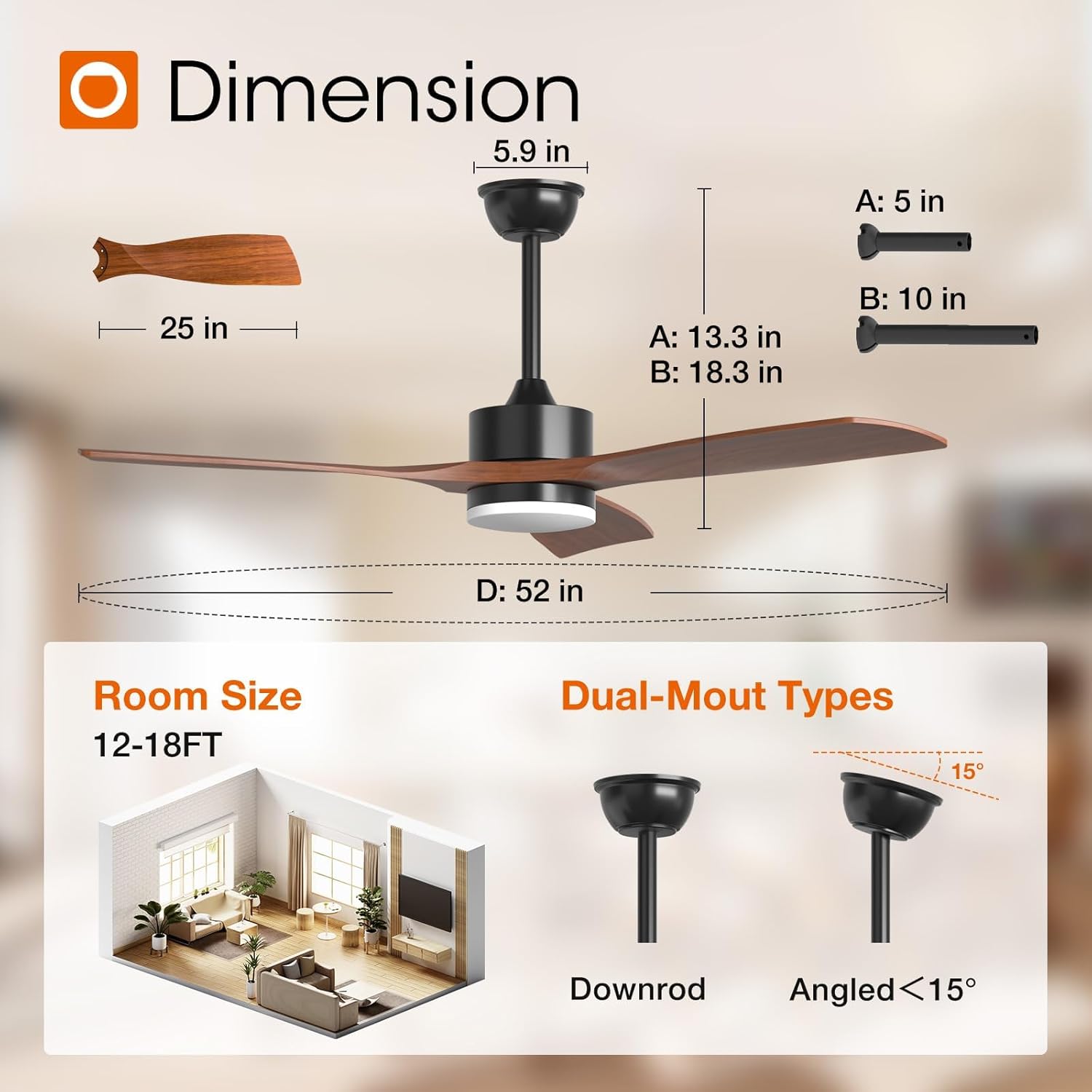 addlon 2 Pack 52 inch Ceiling Fans with Lights, Black Ceiling Fan with Light and Remote Control, Reversible, 3 Wood Blades, 6 Speeds, 3CCT Dimmable, Noiseless, Wood Ceiling Fan for Indoor/Outdoor Use