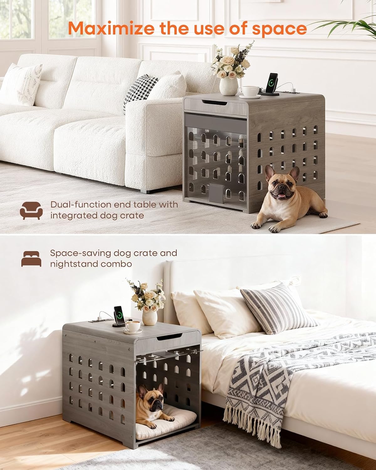 Modern Dog Crate Furniture with Charging Station Medium Kennel Indoor with Flip-up Hidden Acrylic Door for Small and Medium Breeds up to 50lb Wood Pet End Side Table Cage, Grey