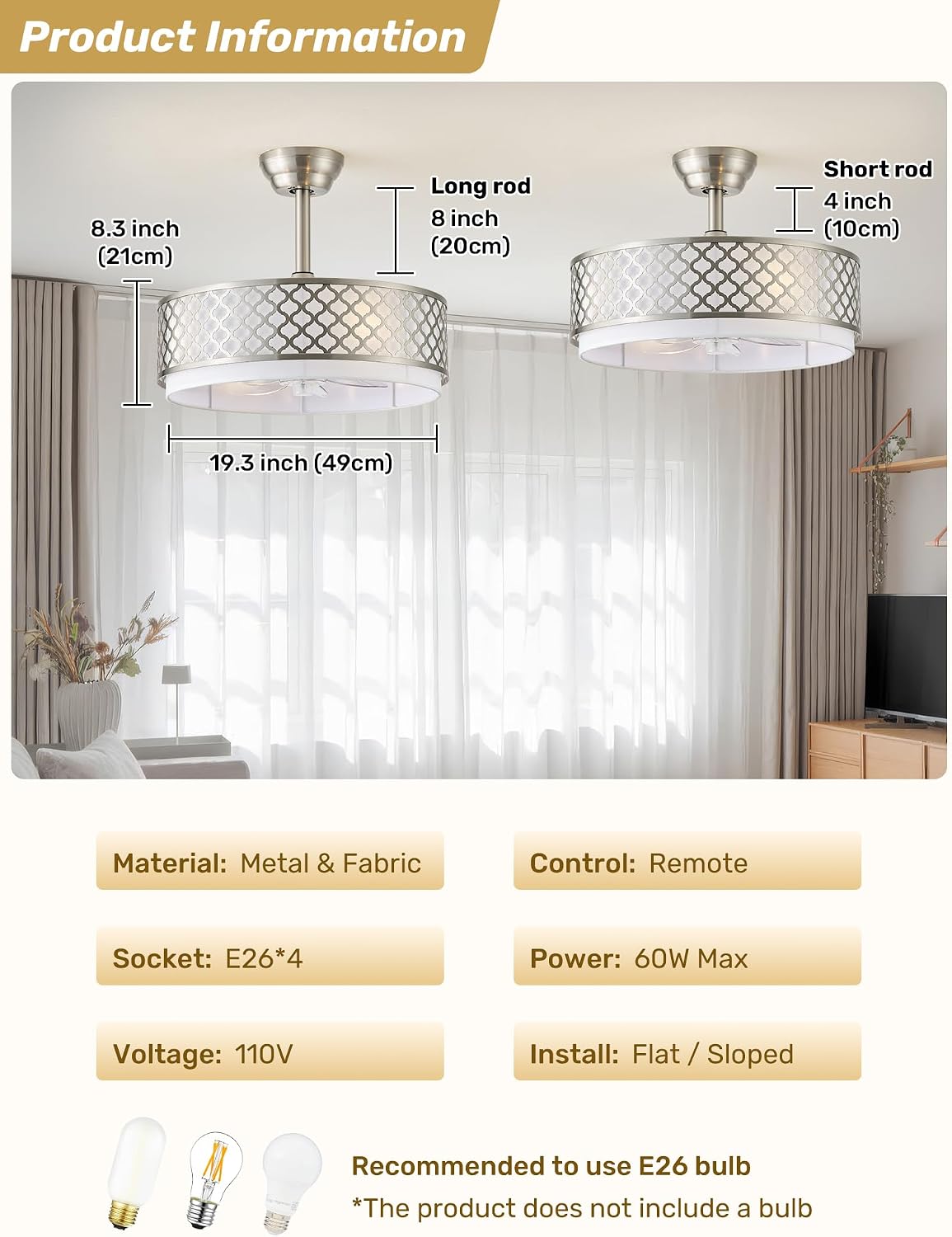 20' Silver Fandelier Ceiling Fan with Lights, Caged Boho Ceiling Fan with Light Remote Control, Rattan with 6 Speeds for Bedroom, Nursery, Living Room