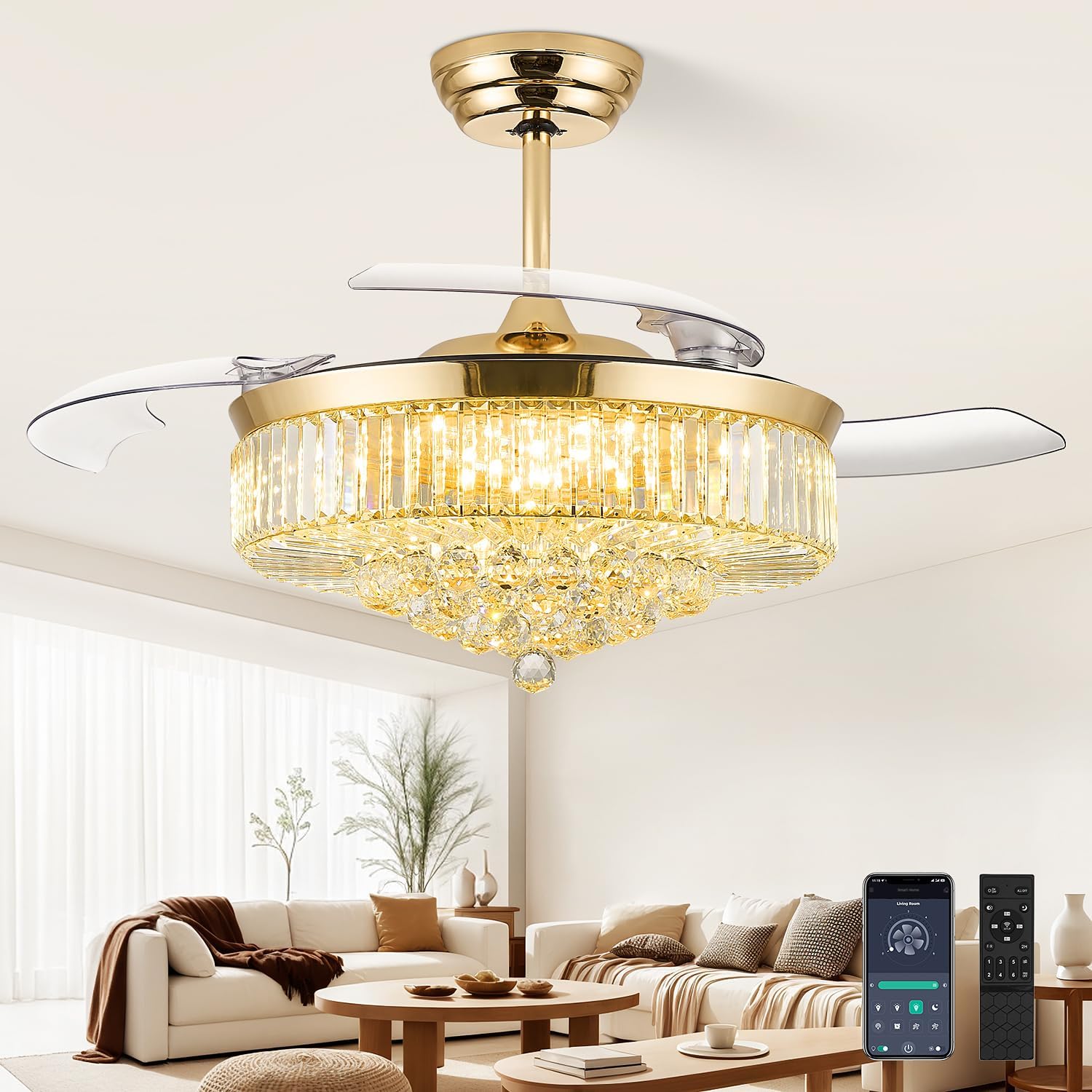 FIDGRA 52 Inch Fandelier Ceiling Fan with Light, Retractable Chandelier Fan, 3 Color Temperature, 6 Wind Speed, Crystal Ceiling Fan for Bedroom Living Room Dining Room-Gold