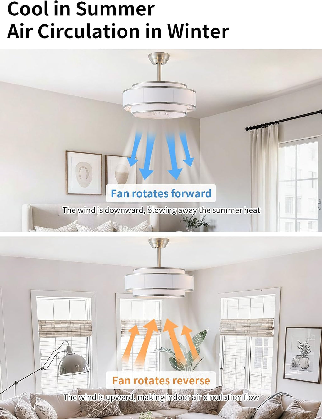 20' Caged Ceiling Fans with Lights and Remote, Fandelier Ceiling Fan with Light, Modern Bladeless Quiet Reversible Motor 6 Speeds for Bedroom, Nursery, Living Room, Silver