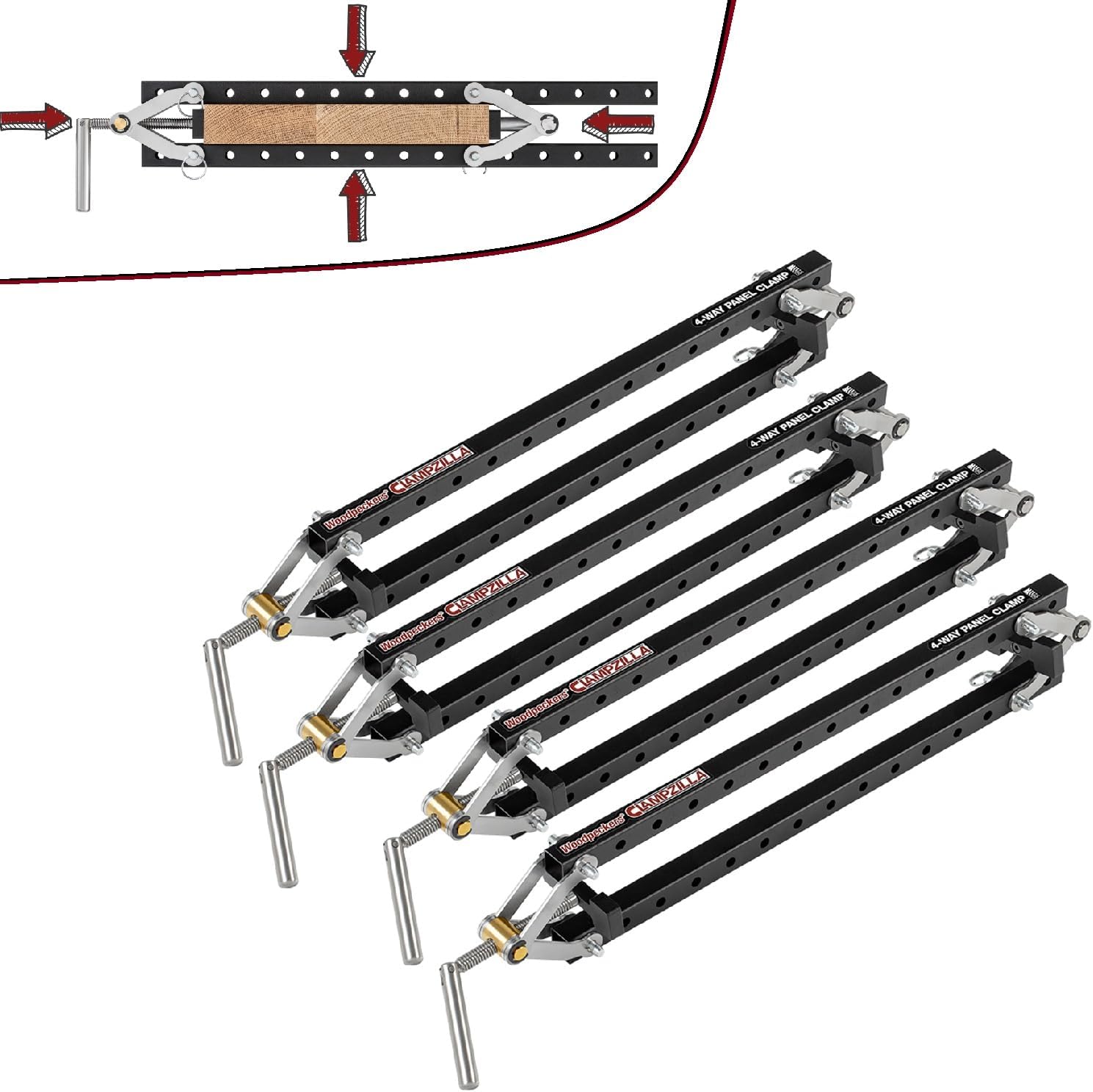 Woodpeckers Clampzilla 3.0, 18 Inch (4 Pack), 4-Way Panel Clamps for Glue-Ups on Cabinet Doors, Table Tops & Wood Panels, USA Made