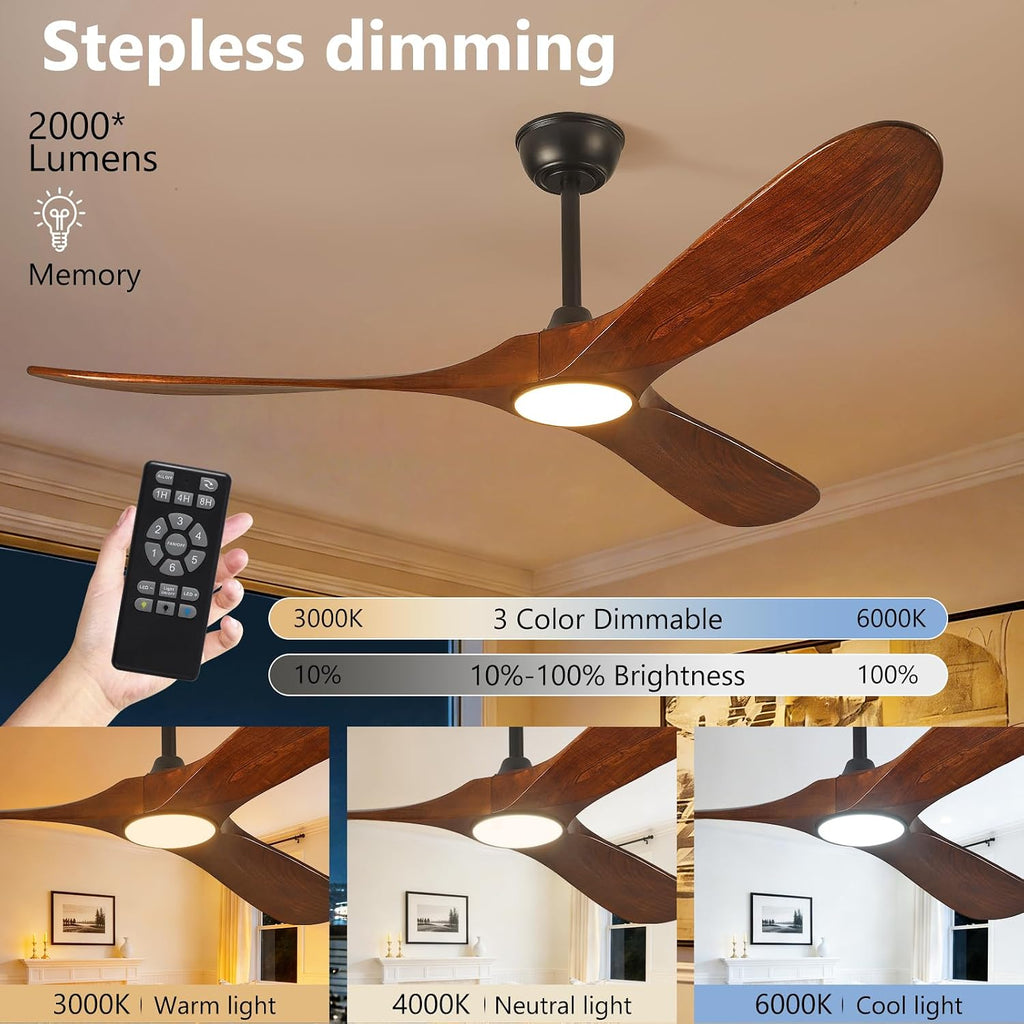 52' Ceiling Fan with Light and Remote, 6-Speed Dimmable Outdoor Ceiling Fan, High CFM Quiet 3 Blade Wood Ceiling Fan, Puoyro Modern Propeller Ceiling Fan for Outdoor Indoor Living Patio Porch (Walnut)