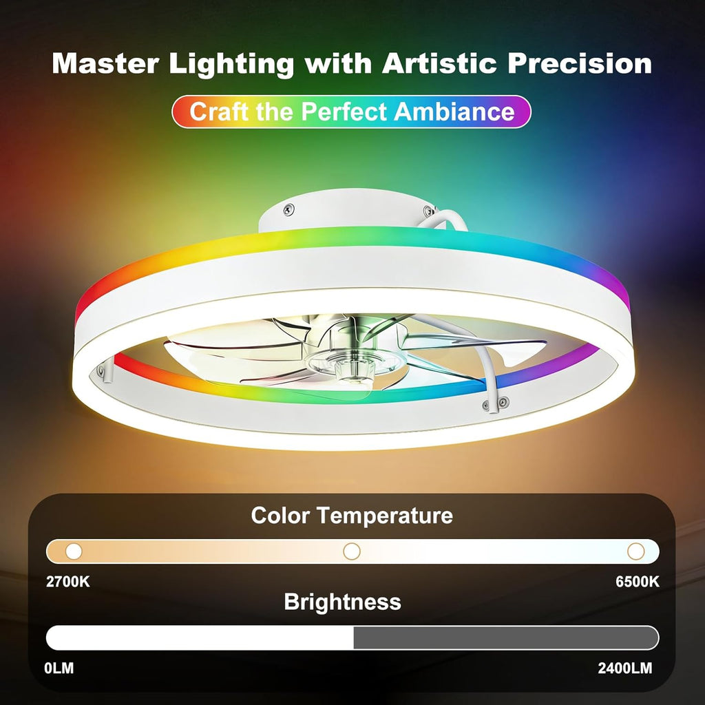 TCL 20'' Flush Mount Ceiling Fan with Lights and Remote, RGB Backlight Dual Lighting Mode, Modern Low Profile Ceiling Fan with Quiet DC Motor, Stylish Lighting for Bedroom, White