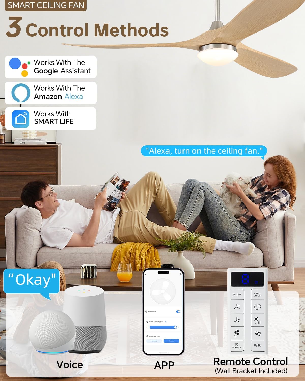 Sofucor 60 Inch Smart Ceiling Fans with Lights-Outdoor Modern Smart Ceiling Fan with Alexa/Google/APP/Remote Control, Reversible Quiet DC Motor,ABS Blade Ceiling Fan for Living Room/Porch/Great Rooms
