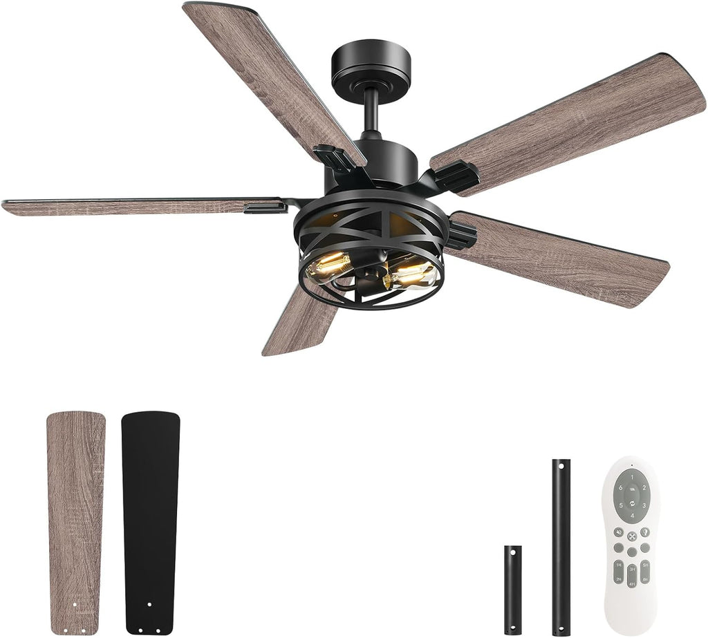 52 Inch Farmhouse Ceiling Fan with Lights and Remote, Timer, Dual Finish 5 Blades (Gray Oak and Black), 6 Speeds, Reversible DC Motor, Rustic & Industrial Caged Ceiling Fan for Bedroom HB01CF05