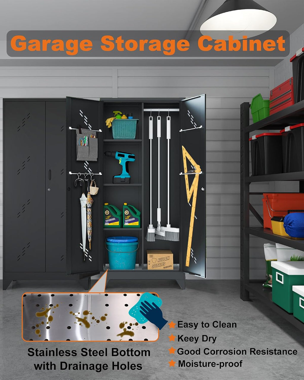 Metal Storage Cabinet with Lock, 71' Garage Storage Cabinets with Hanging Rod & S-Hooks, Large Storage Cabinet, Locking Tool Utility Closet, Black