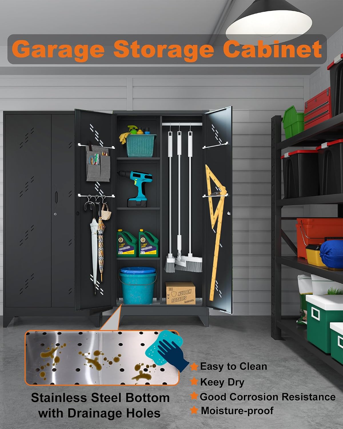 Metal Storage Cabinet with Lock, 71' Garage Storage Cabinets with Hanging Rod & S-Hooks, Large Storage Cabinet, Locking Tool Utility Closet, Black