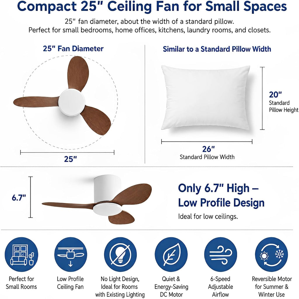 Flush Mount Ceiling Fan No Light Modern Small Ceiling Fans Remote Control 6 Speeds 25 Inch Ceiling Fan Without Lights Quiet DC Motor, 3 Blades For Restaurant Bedroom Patio Indoor