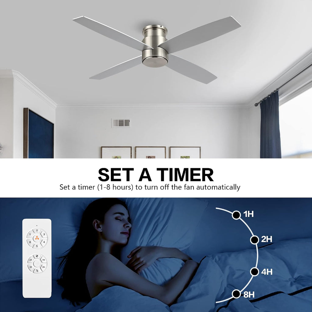 WINGBO 44' Flush Mount DC Ceiling Fan without Lights, 4 Reversible Plywood Blades, Quiet 6-Speed DC Motor, Hugger Low Profile Ceiling Fan No Lights for Bedroom, Brushed Nickel Finish