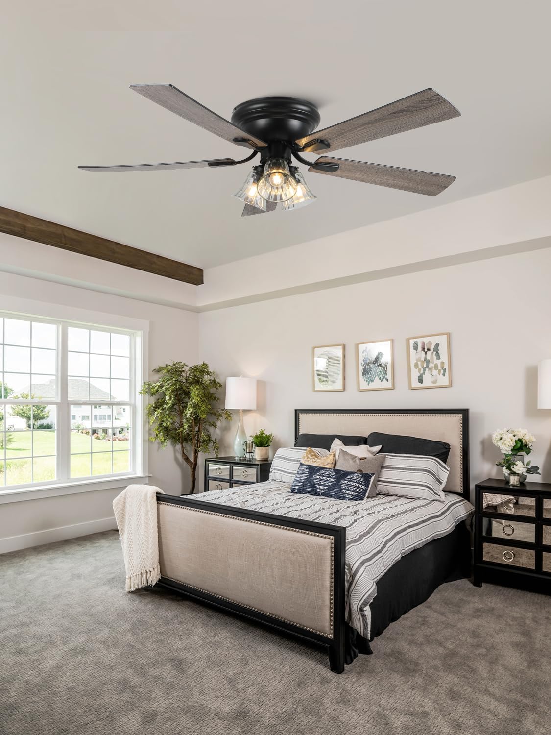 52' Flush Mount Farmhouse Ceiling Fan with Lights and Remote, Rustic Vintage Ceiling Fan Antique Fandelier 3-Lights 5 Reversible Blades Chandelier for Bedroom Living Room Dining Room