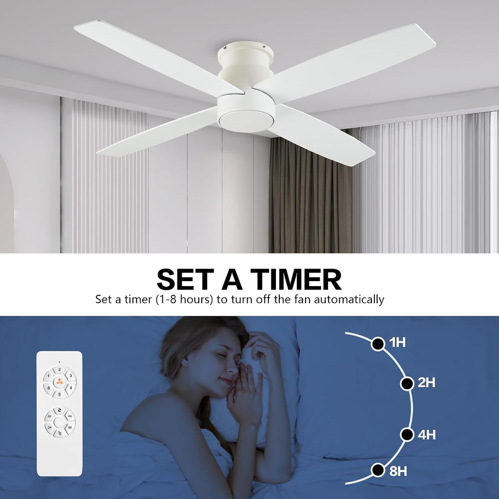 WINGBO 52' Flush Mount DC Ceiling Fan without Lights, 4 Reversible Blades, Ultra Quiet 6-Speed DC Motor, Hugger Low Profile Indoor Ceiling Fan No Lights, White Finish