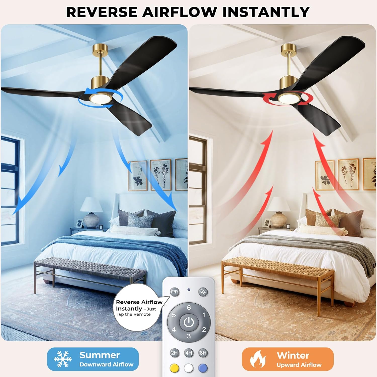 Ceiling Fans with Lights, Ceiling Fans with Lights and Remote Control, 60 inch Ceiling Fan with Light, Outdoor Ceiling Fans for Patios 3 Blade Bedroom Living Room-Matte Black and Gold