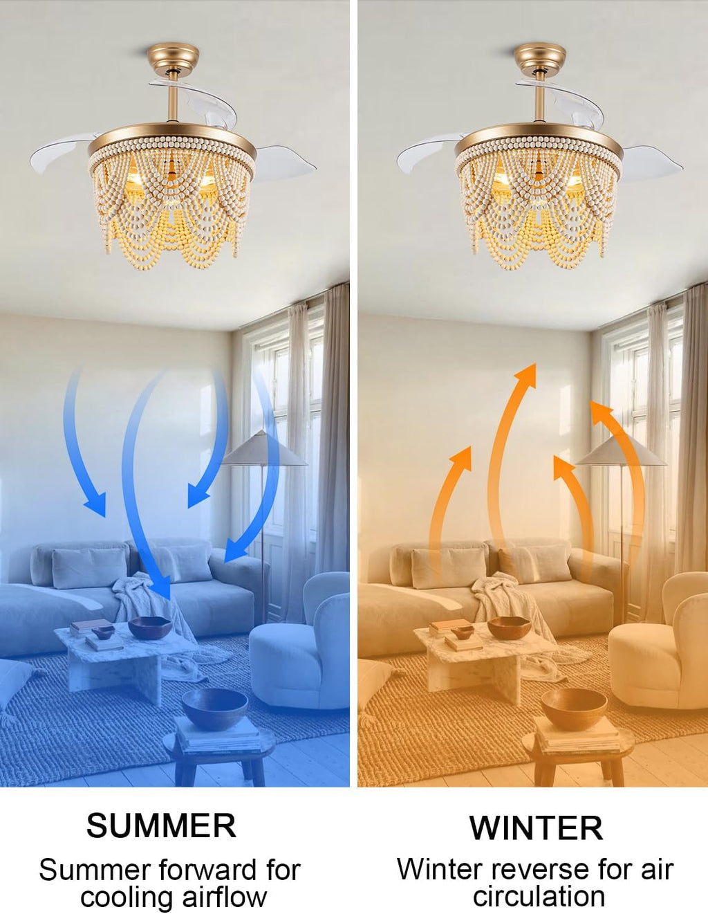 42 Inch Boho Fandelier Ceiling Fan with Light Retractable Ceiling Fan with Lights Wood Beaded Coastal Chandelier, 6 Speeds Reversible Quiet DC Motor for Bedroom Living Room