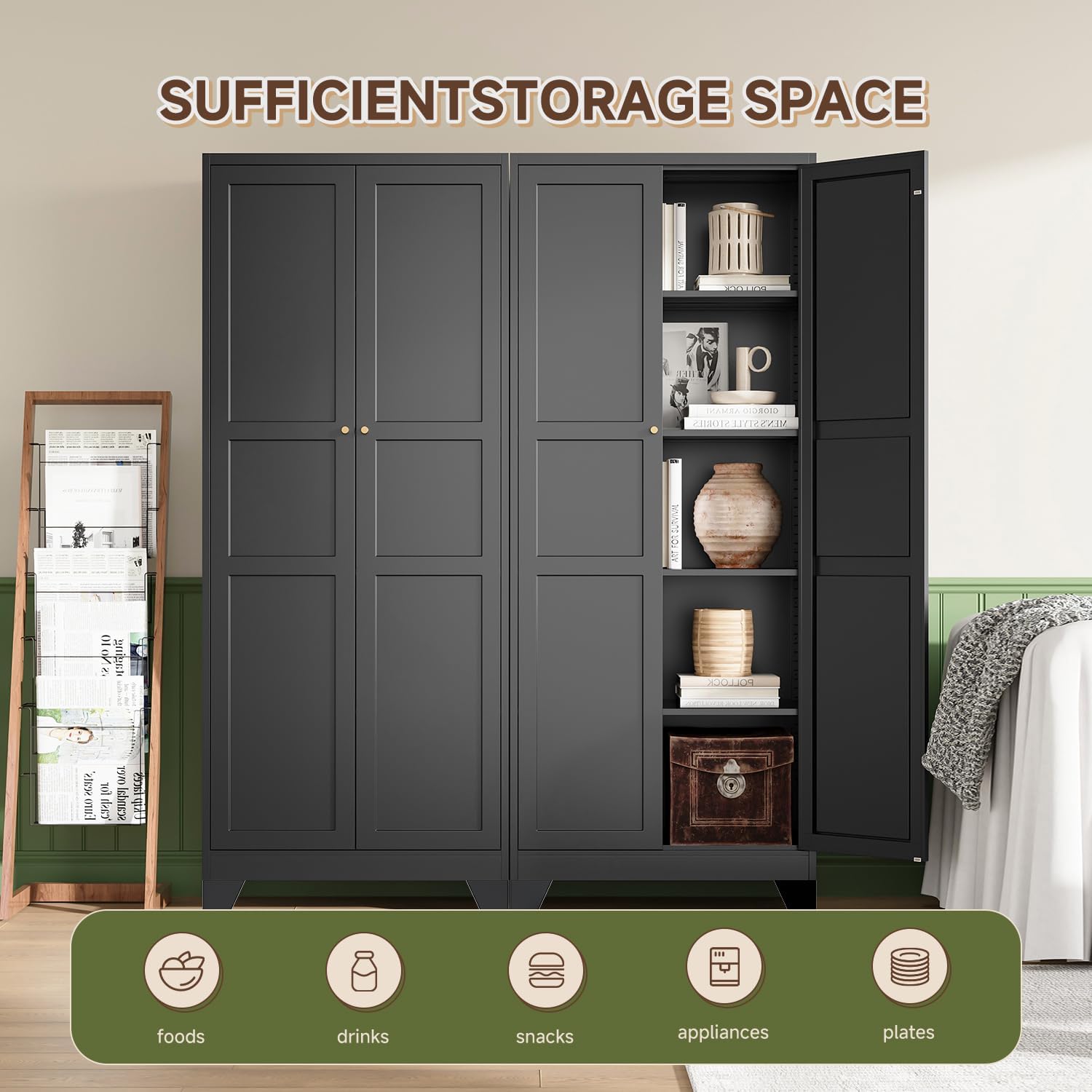 Letaya 75' H Metal Storage Cabinet with 2 Doors and 4 Shelves,Tall Kitchen Pantry Cabinets,Farmhouse Utility Pantry Organizers for Cupboard/Dining/Bathroom/Home Office/Garage Room,Black
