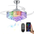 36' RGB Retractable Crystal Ceiling Fan with Light and Speaker Dimmable Bluetooth Chandelier Fan, 6 Speed Timer Fandelier, APP/Remote Control & Speaker for Bedroom,Silver