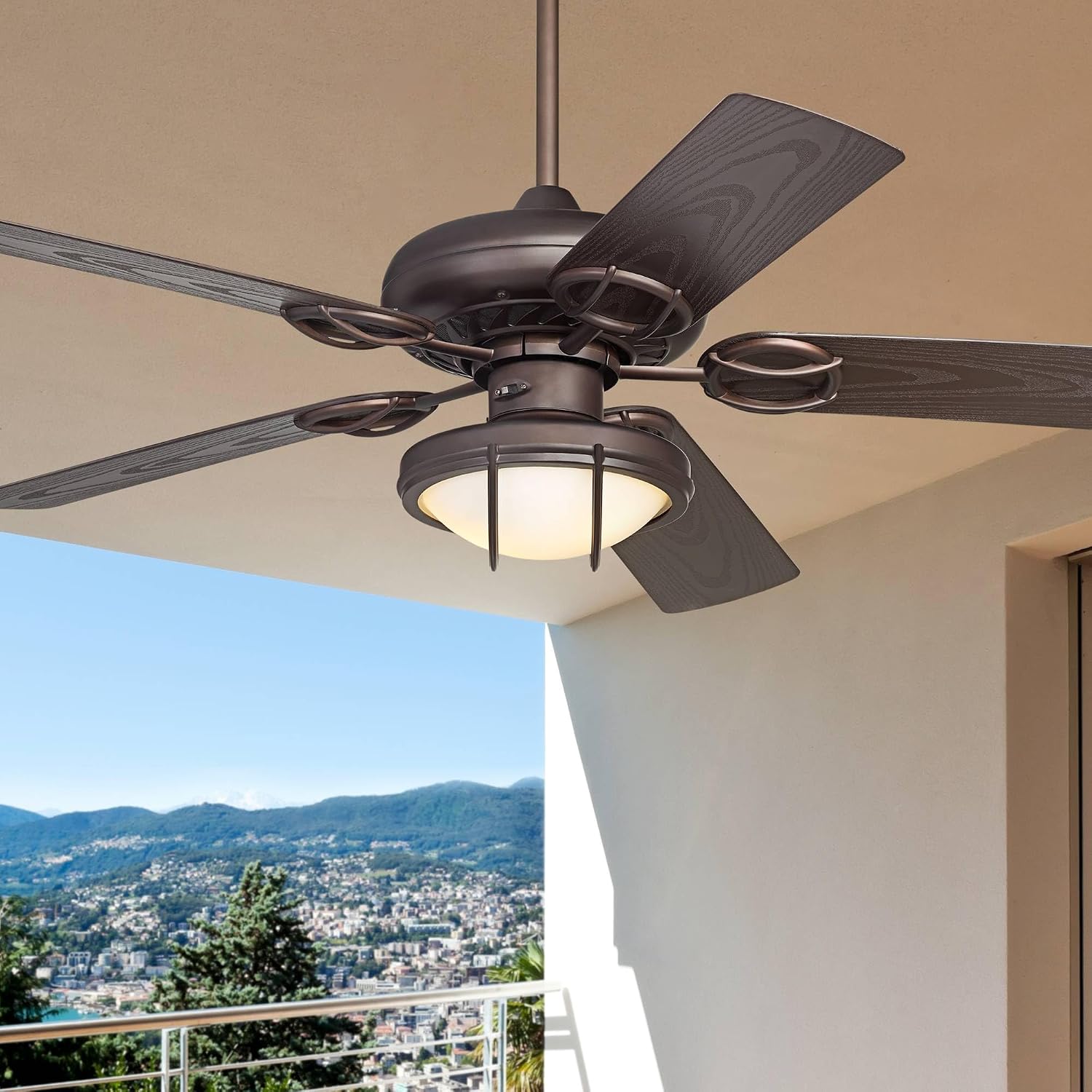 Casa Vieja 52' Orb Modern Industrial Indoor Outdoor Ceiling Fan with LED Light Oil Rubbed Bronze Brown Frosted Glass Bowl Cage Wet Rated for Patio Exterior House Porch Gazebo Garage Barn