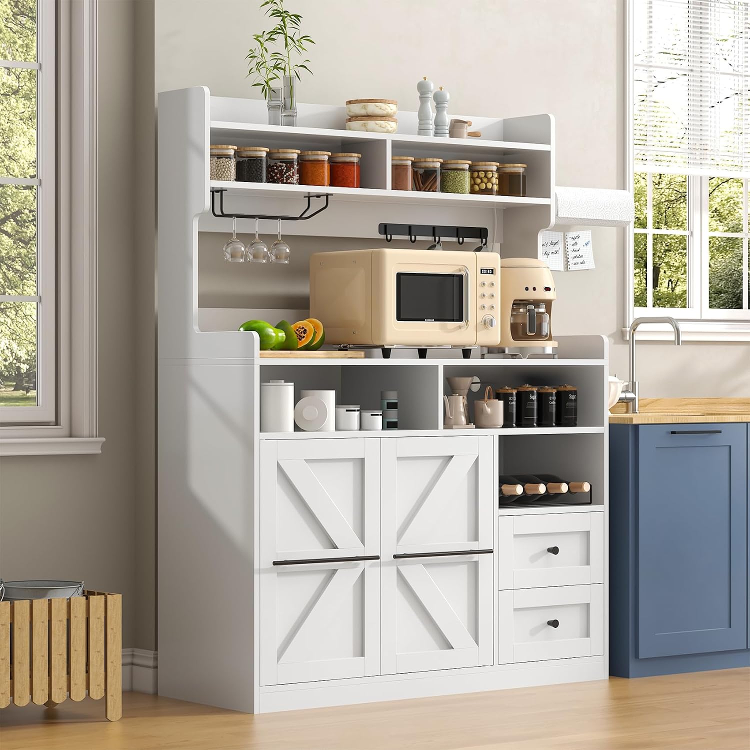 VVFLU Hutch Storage Buffet Cabinet with Drawers, and Charging Station, Coffee Bar Cabinet with Barn Doors, Wine Rack and Hooks, White Wood Sideboard Buffet for Kitchen, Dining Room, 54.5' High