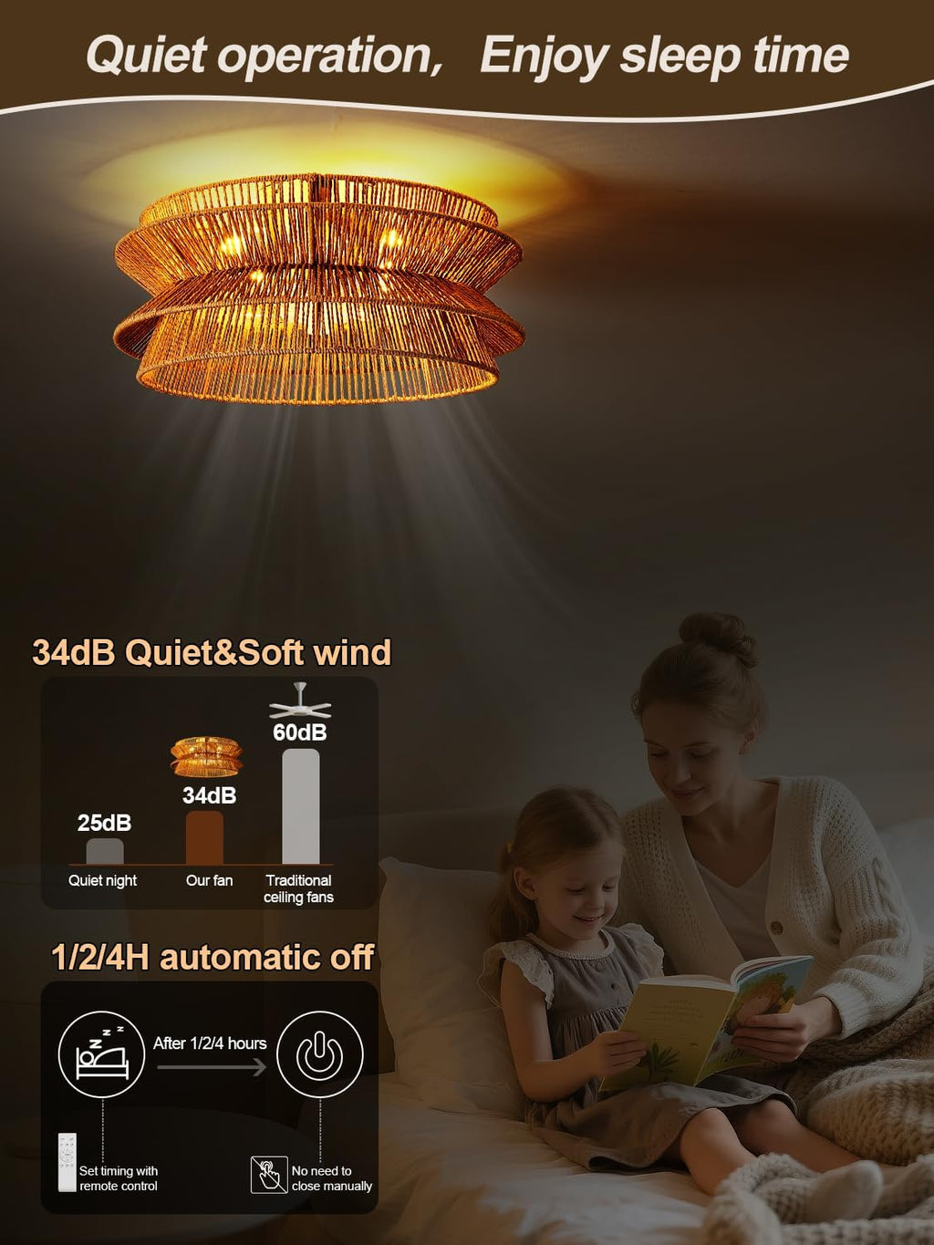 Boho Ceiling Fan with Light, 20'' Coastal Caged Ceiling Fans with Lights and Remote Control, Rattan Flush Mount Fandelier with Reversible 6 Speeds, Low Profile for Bedroom Living Room Dining Room