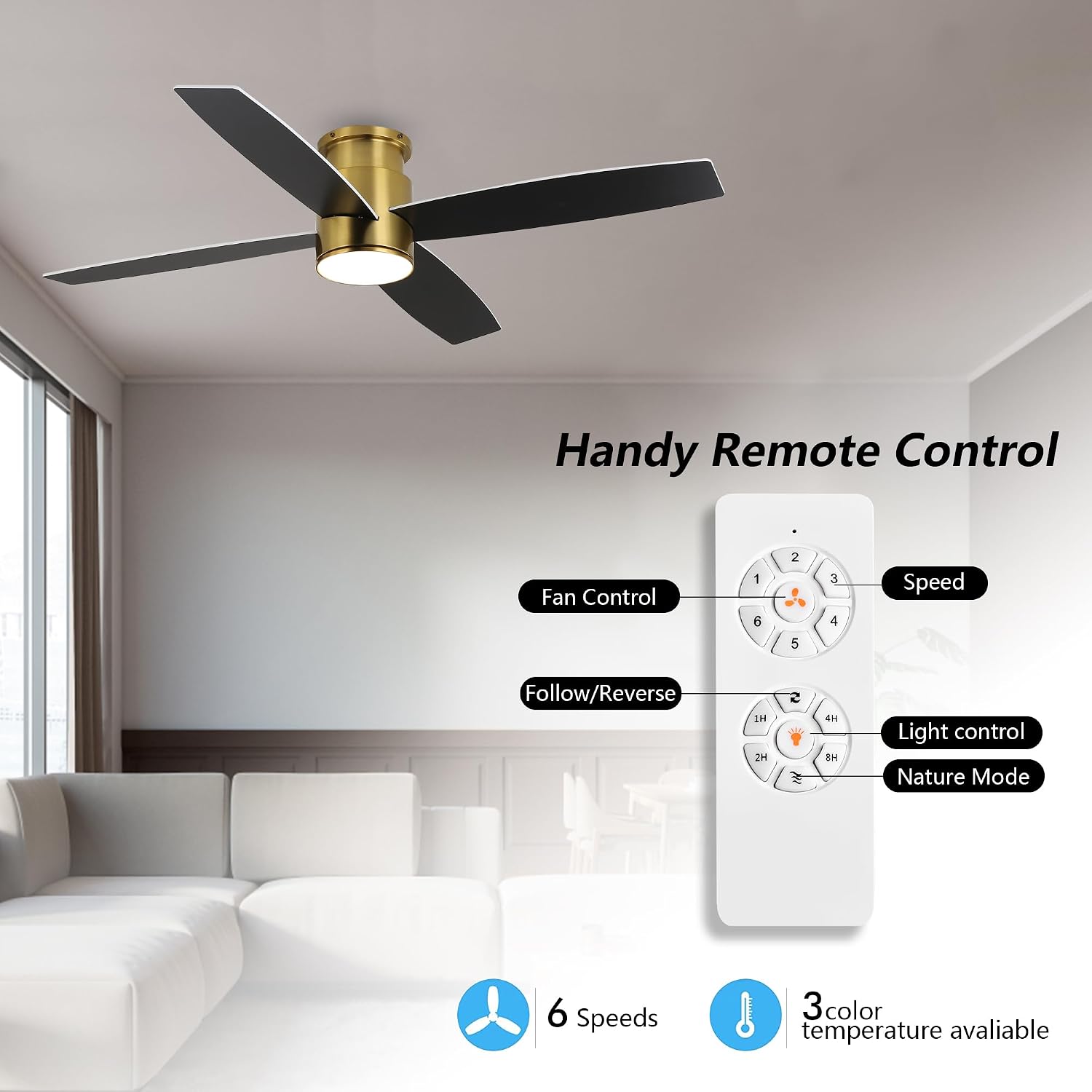 WINGBO 44 Inch Flush Mount DC Ceiling Fan with Lights and Remote, 4 Reversible Blades, Ultra Quiet 6-Speed DC Motor, Hugger Low Profile Indoor Ceiling Fan, Brass Finish