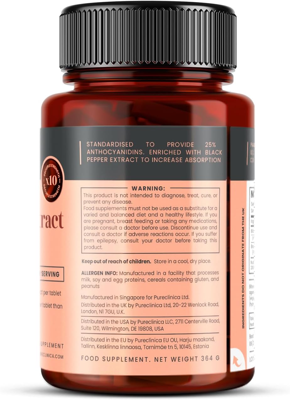 pureclinica Bilberry Extract 1000mg (10:1) per Tablet – High Strength Concentrated Formula – 720 Tablets (4 Bottles) – 2 Year Supply