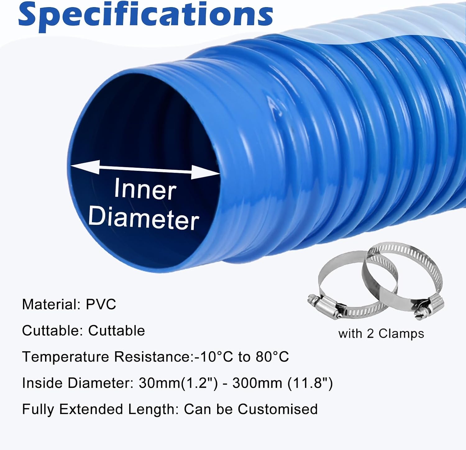 PVC Dust Collection Hose 2 3 4 5 6 7 8 10 12 Inch, Blue Flexible Dust Collector Tube for Woodworking Welding Extraction, Vent Duct with Sealing Clamp(L 10m(32.8ft),ID 250mm(9.8in))