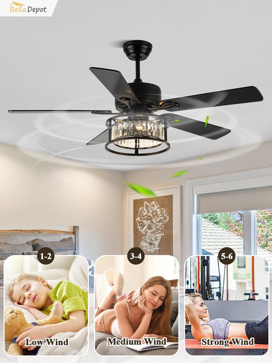 Bella Depot 52' Black Crystal Ceiling Fan with Remote, Caged Chandelier Fan with Light (No Bulbs Included), Quiet DC Motor for Dining Living Room Bedroom (Classic Black)