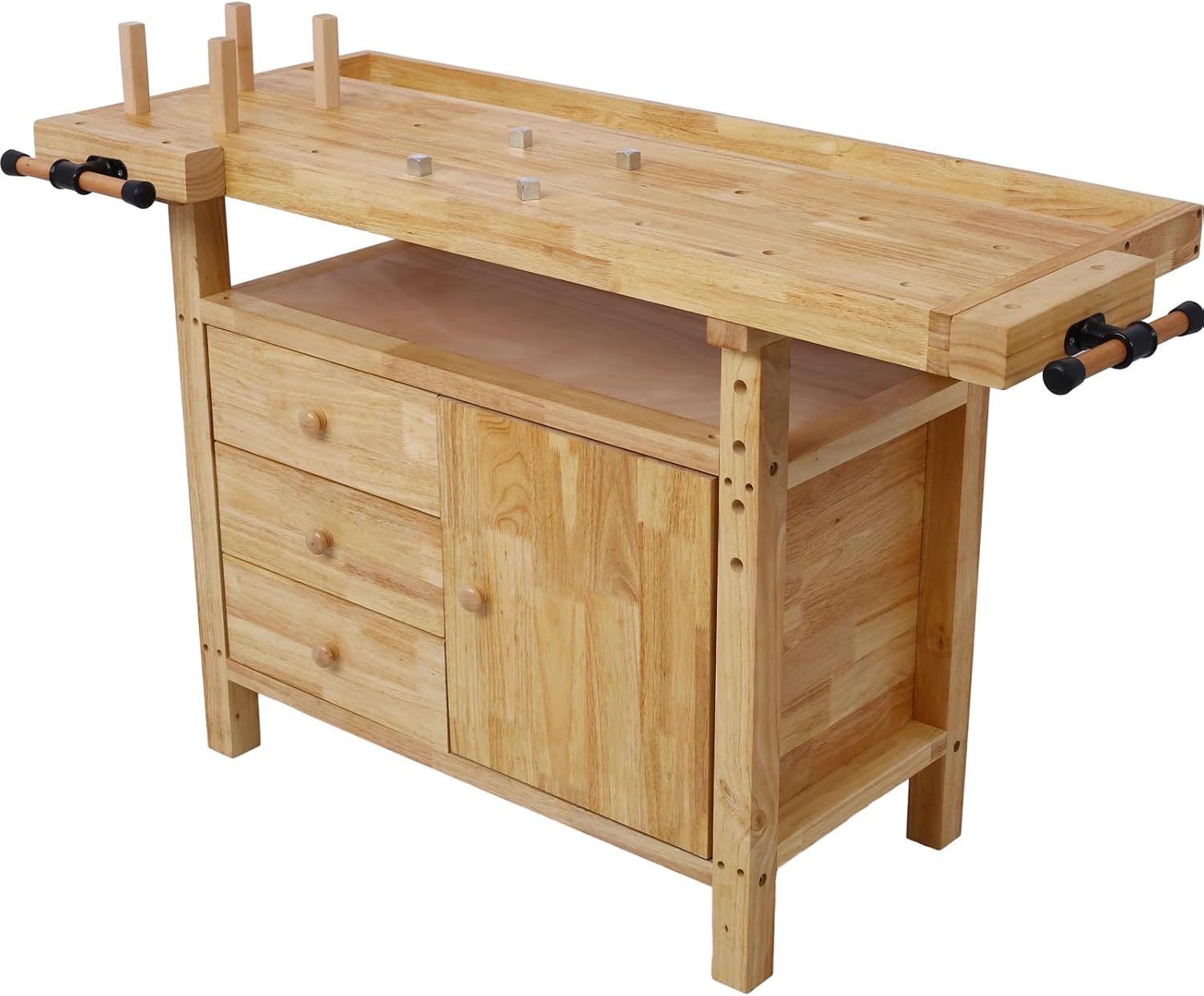 Tidyard Wood Workbench, Heavy-Duty Rubberwood Work Table with 4 Bar Clamps 12 inch x 4-3/4 inch Throat, Sturdy Wooden Garage Workbench with Drawers and Cabinet for Workshop, DIY, and Home Use
