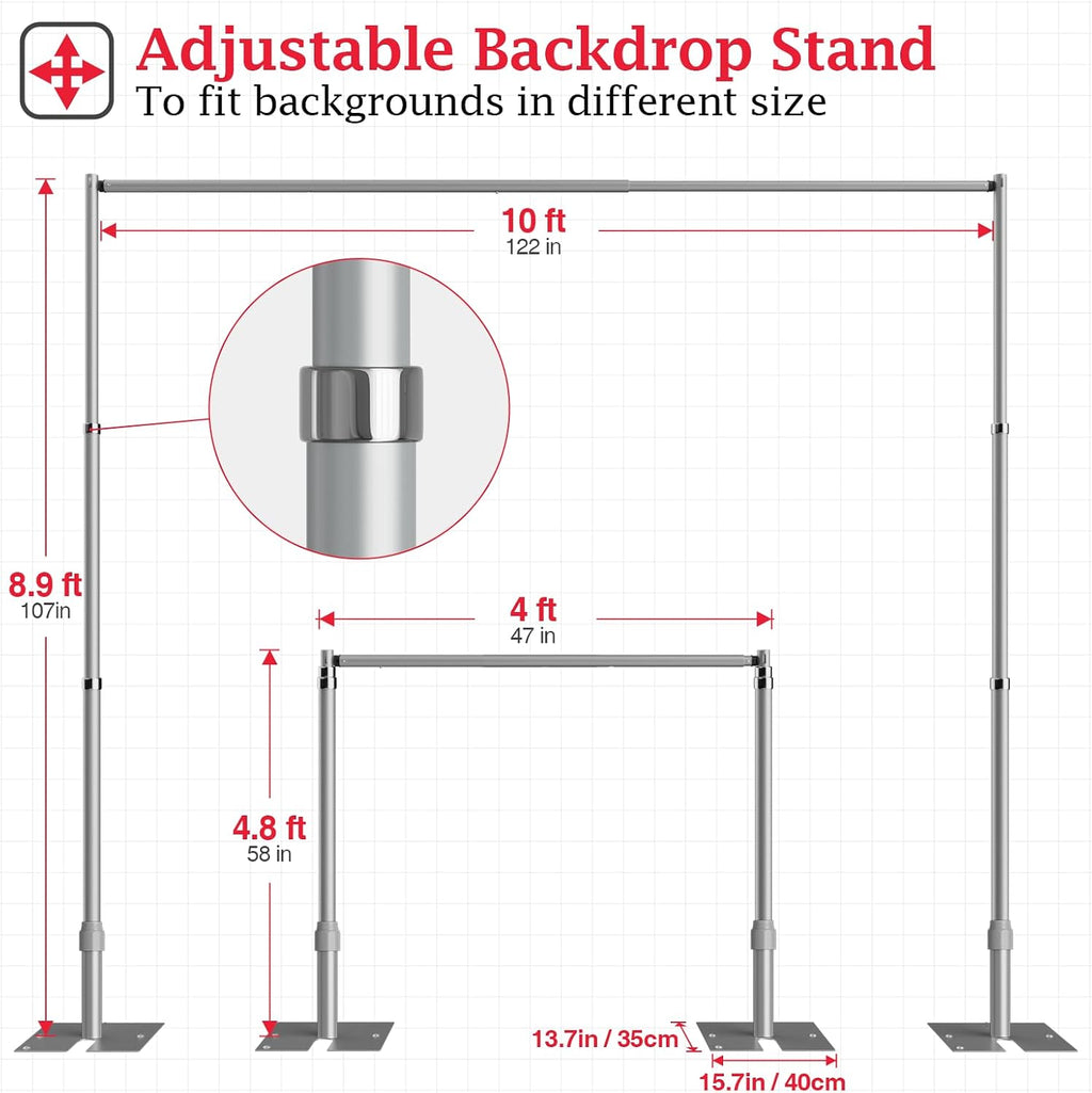 EMART Pipe and Drape Backdrop Stand Kit with 6 inch White Clamps, 8.9ftx10ft Heavy Duty Adjustable Photo Background for Wedding, Birthday Party, Banquet Decorations - Silver