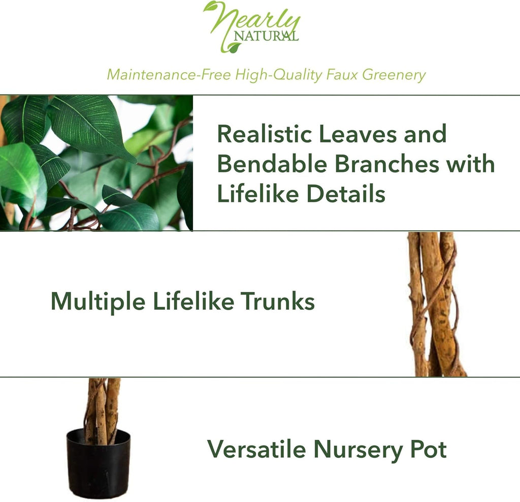 Nearly Natural 74in Artificial Triple Trunk Ficus Tree, Faux Greenery with Natural Wood Trunks for Indoor Home Decor