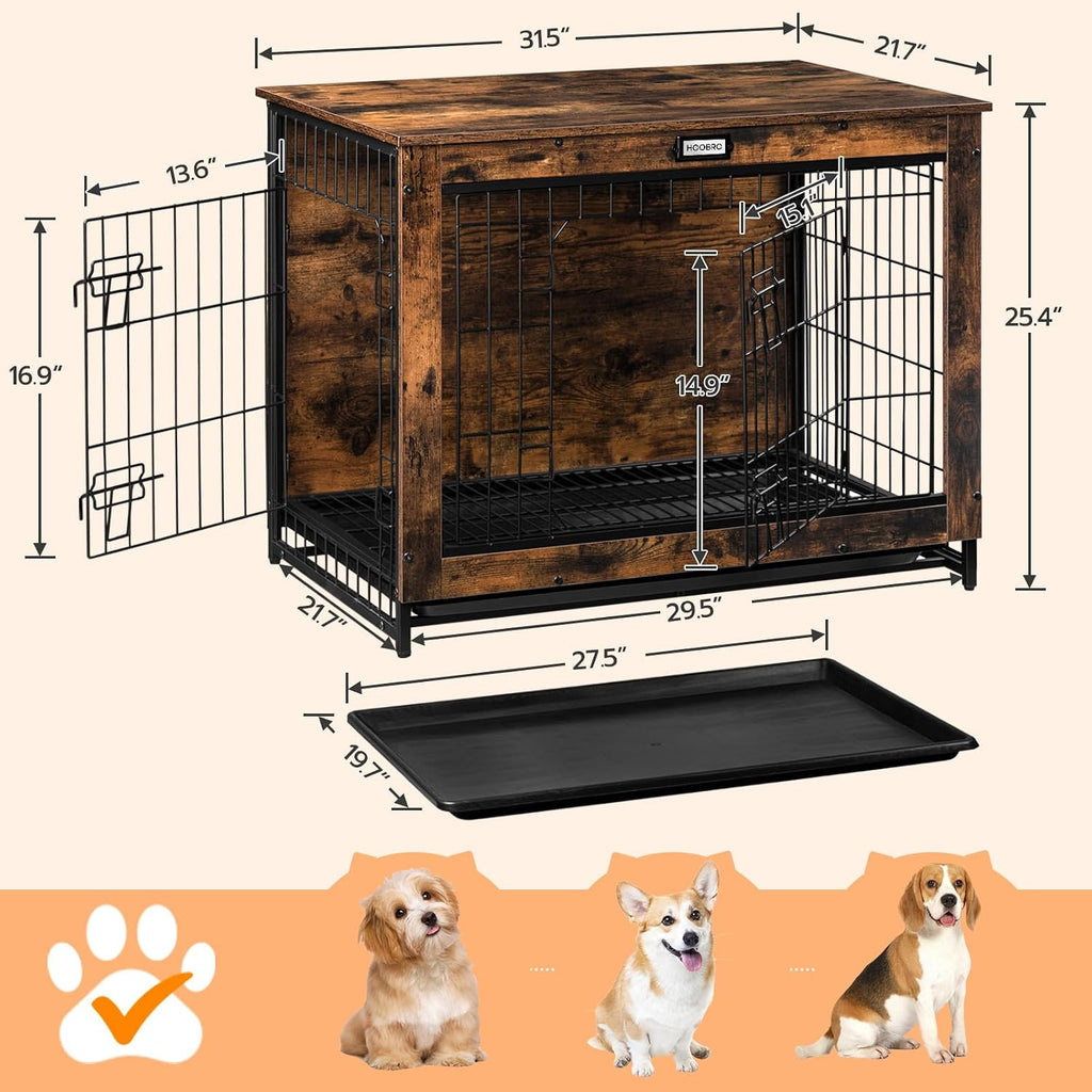 HOOBRO Dog Crate Furniture, 32.5' Medium Dog Kennel Indoor, Wooden Cage with Pull-Out Tray, Double Doors Pet House Side End Table for Medium/Small Dogs, Rustic Brown BF802GW03G1