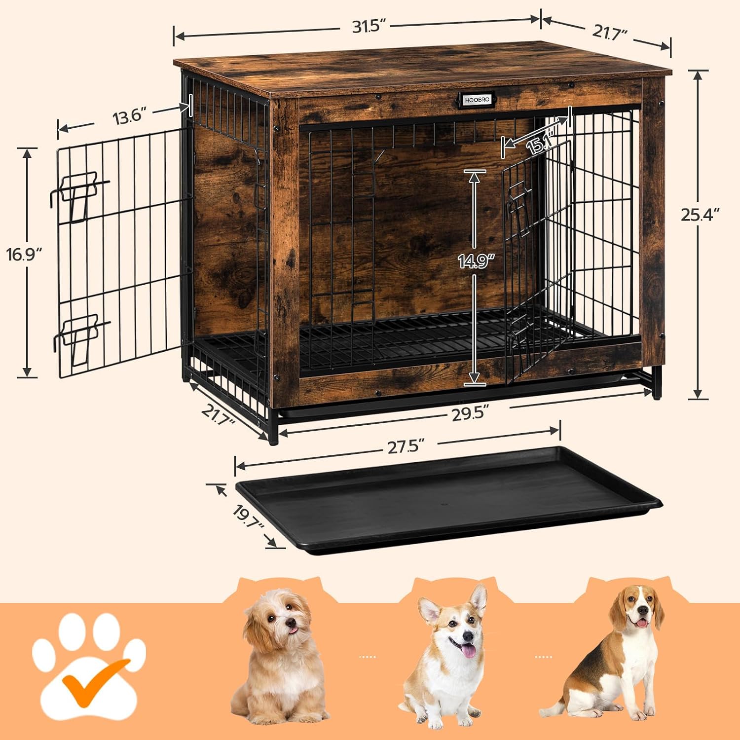 HOOBRO Dog Crate Furniture, 32.5' Medium Dog Kennel Indoor, Wooden Cage with Pull-Out Tray, Double Doors Pet House Side End Table for Medium/Small Dogs, Rustic Brown BF802GW03G1